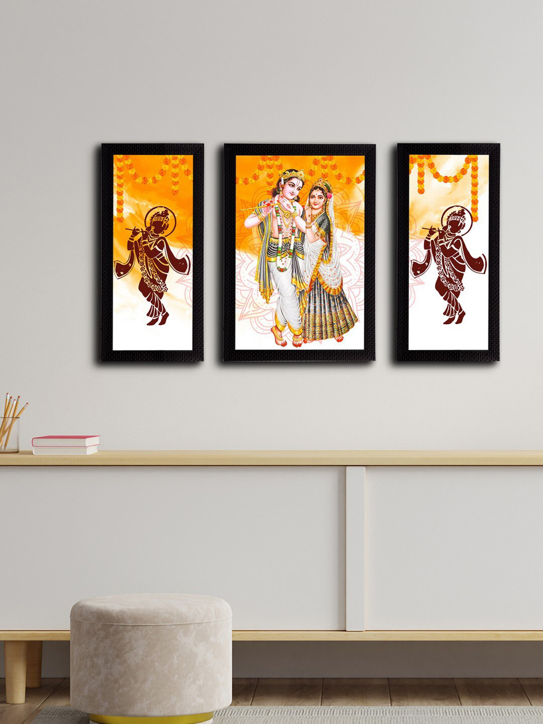 eCraftIndia Set of 3 White & Orange Satin Matt Texture Radha Krishna UV Wall Arts