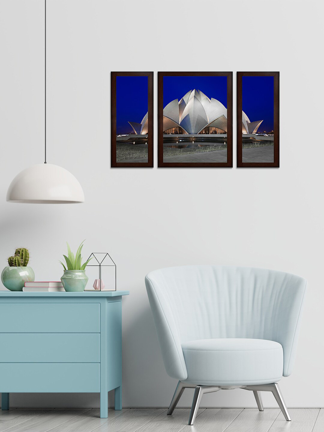 WENS Set Of 3 Blue & Grey Lotus Temple MDF Wall Arts
