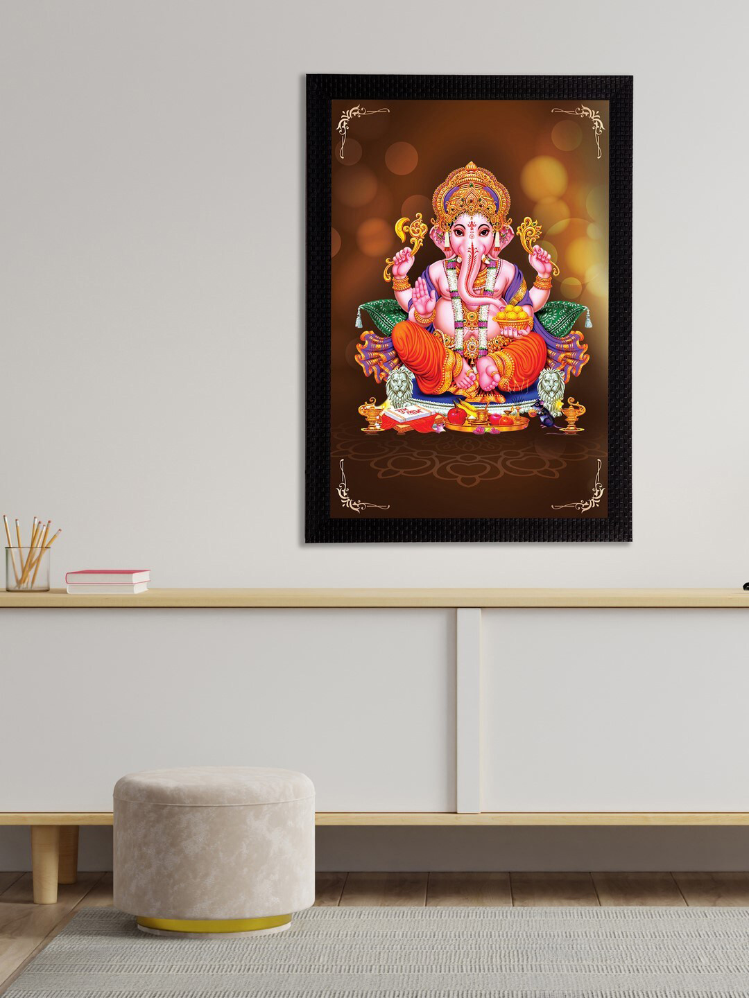 eCraftIndia Brown & Orange Lord Ganesha Satin Matt Texture Framed UV Wall Art Painting