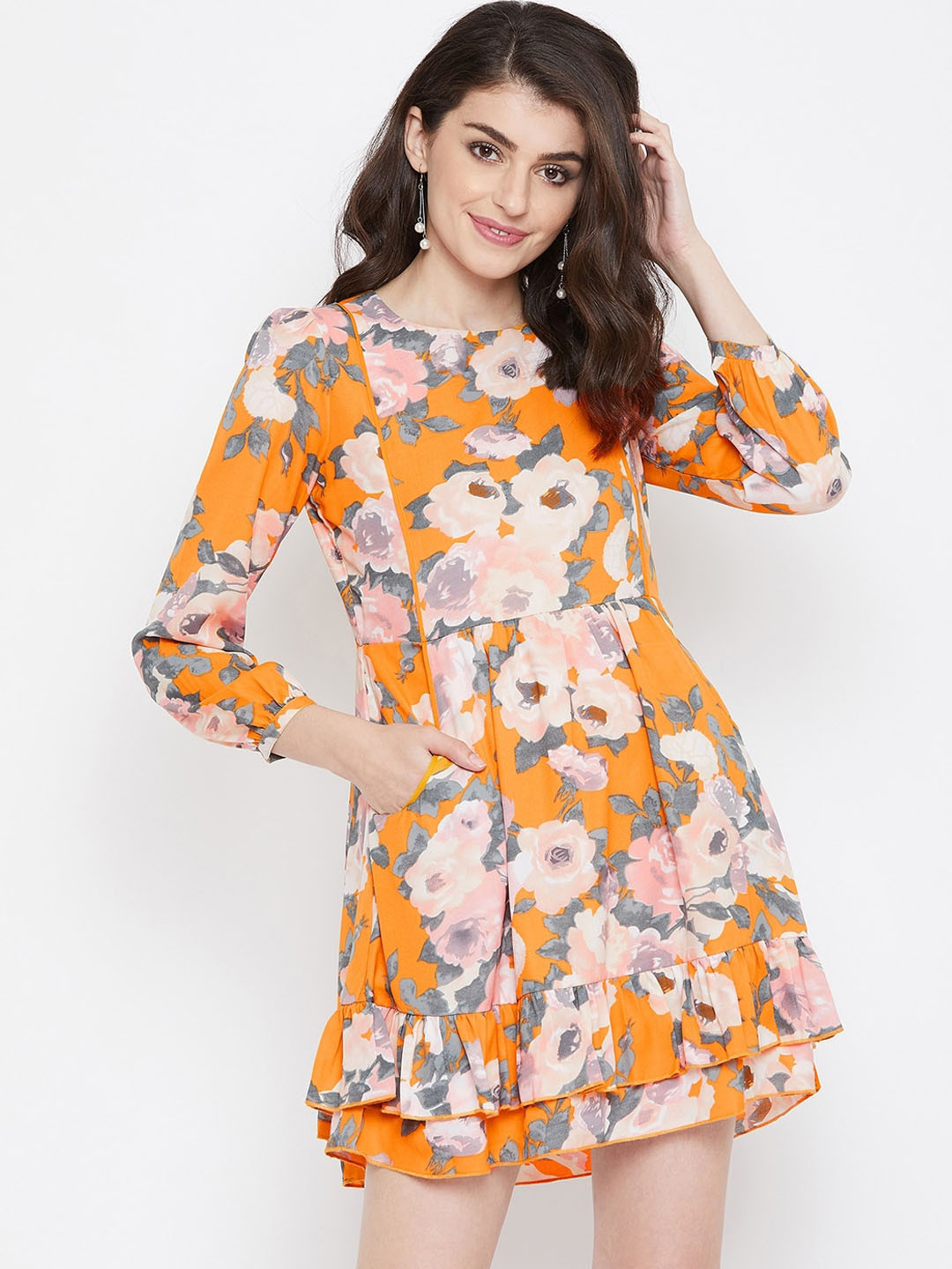 La Zoire Women Mustard Yellow & Peach Floral Printed Fit and Flare Dress
