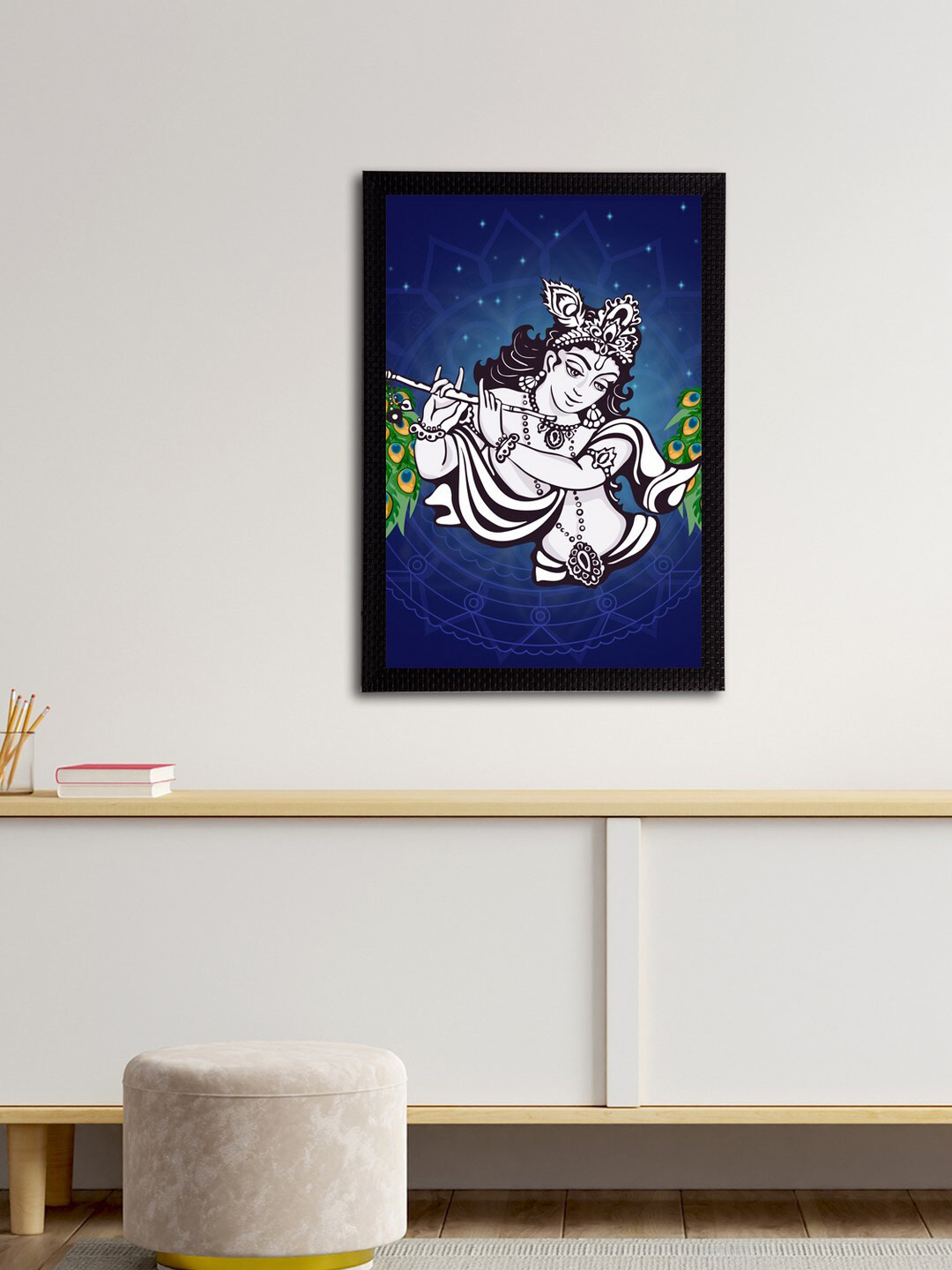 eCraftIndia Navy Blue & White Lord Krishna Satin Matt Textured UV Wall Art
