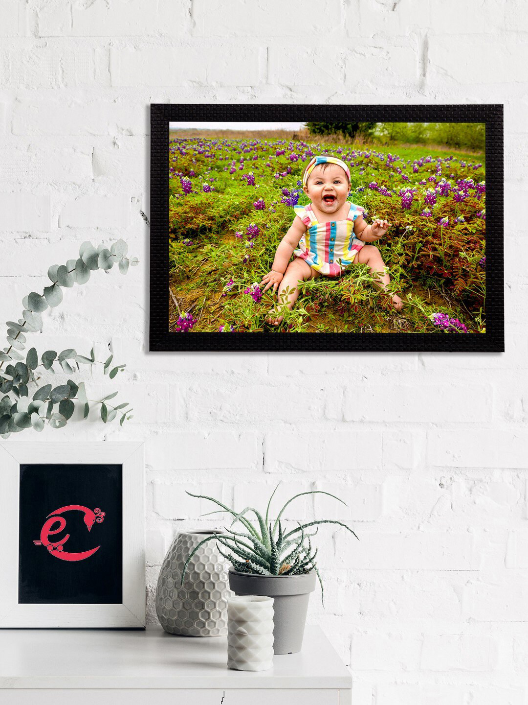 eCraftIndia Green & Pink Cute Baby Satin Matt Texture Framed UV Wall Art Painting