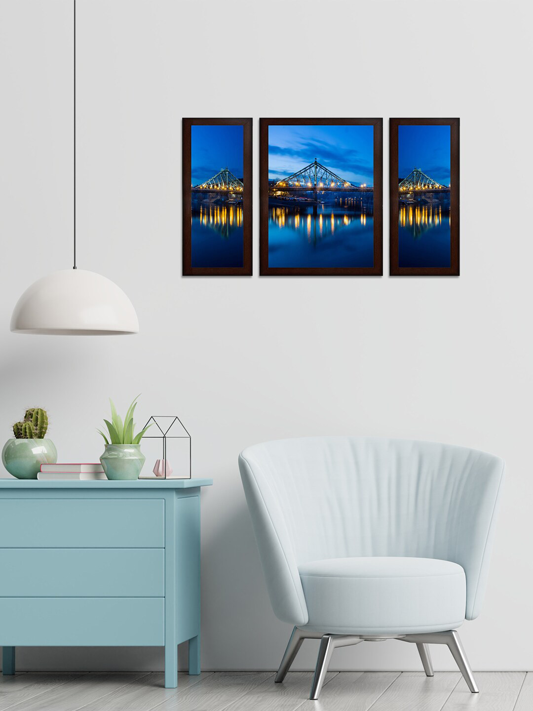 WENS Blue MDF 3 Pcs Wall Living Room Rectangle Potrait Paintings Wall Art -13.58 x 24.02In
