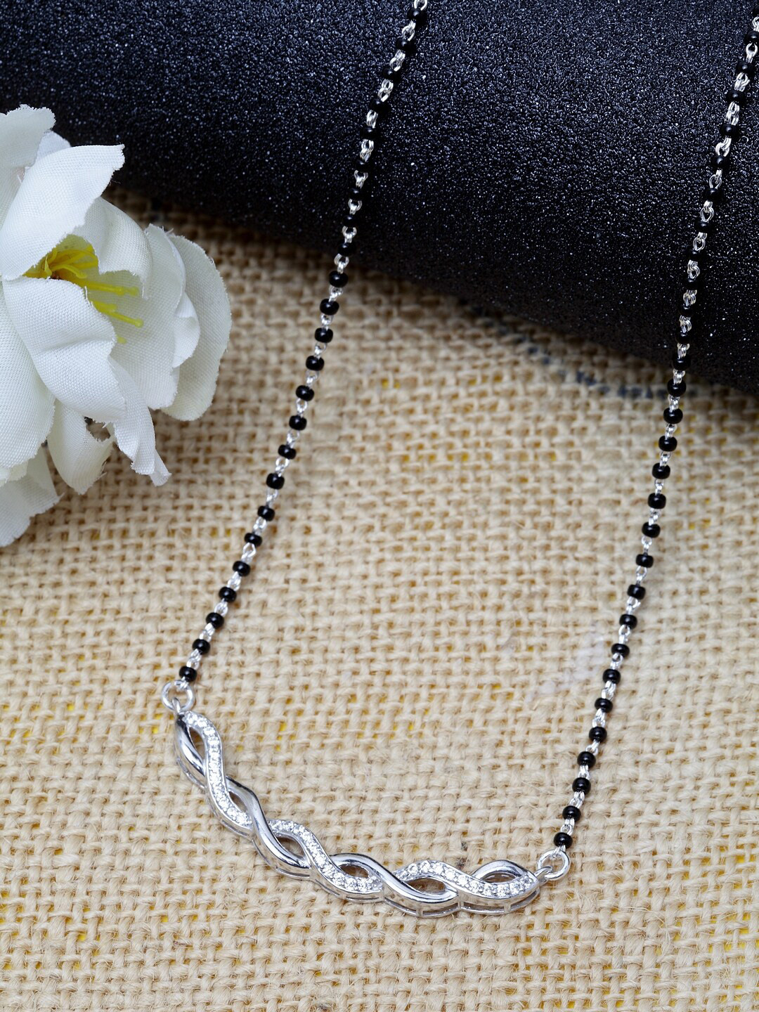 Clara 92.5% Pure Sterling Silver Rhodium-Plated White Swiss Zirconia Studded Mangalsutra