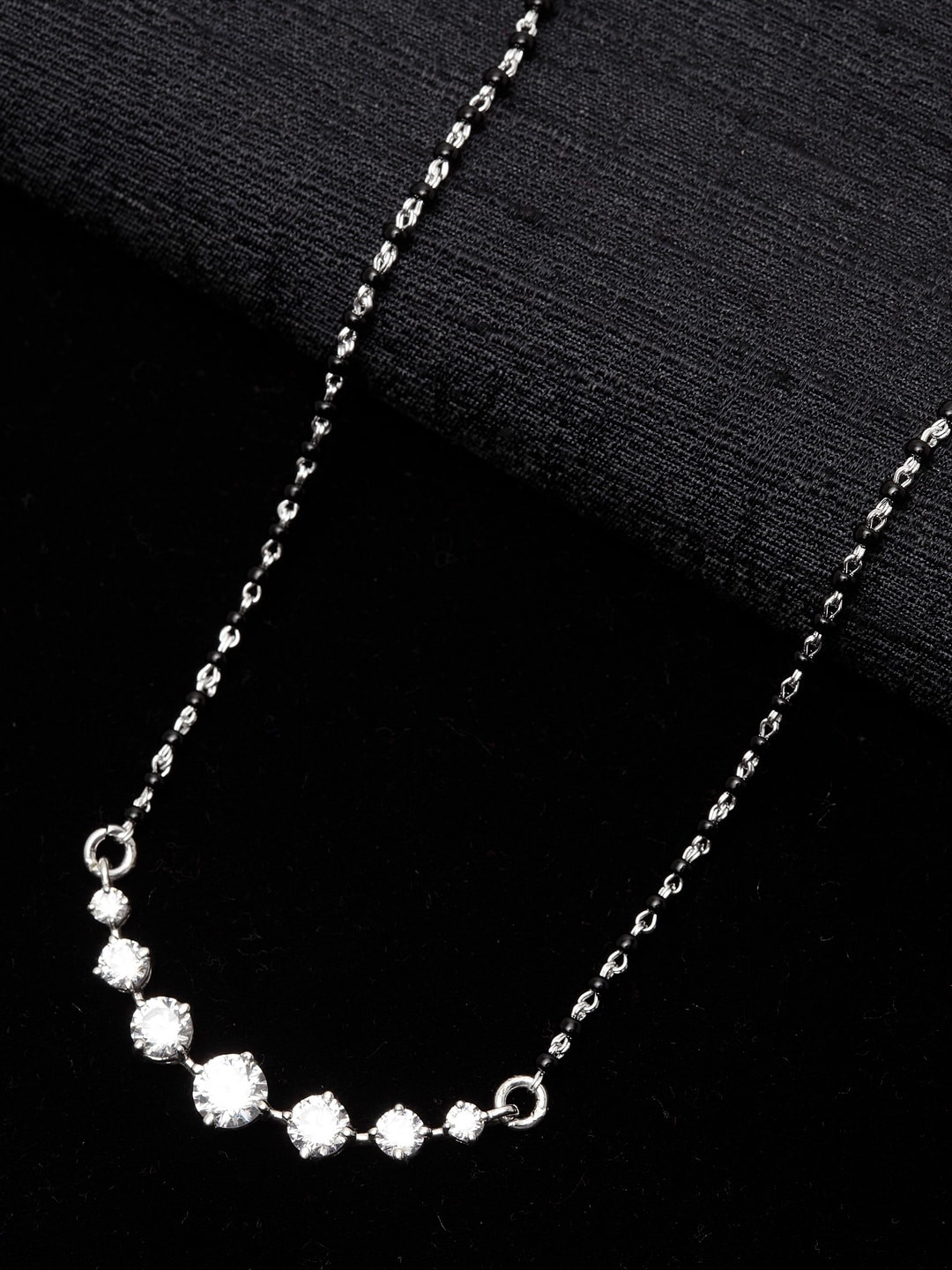 Clara BIS Hallmarked 92.5 % Pure Sterling Silver Rhodium-Plated & Black Beaded Zirconia Stone-Studded Mangalsutra
