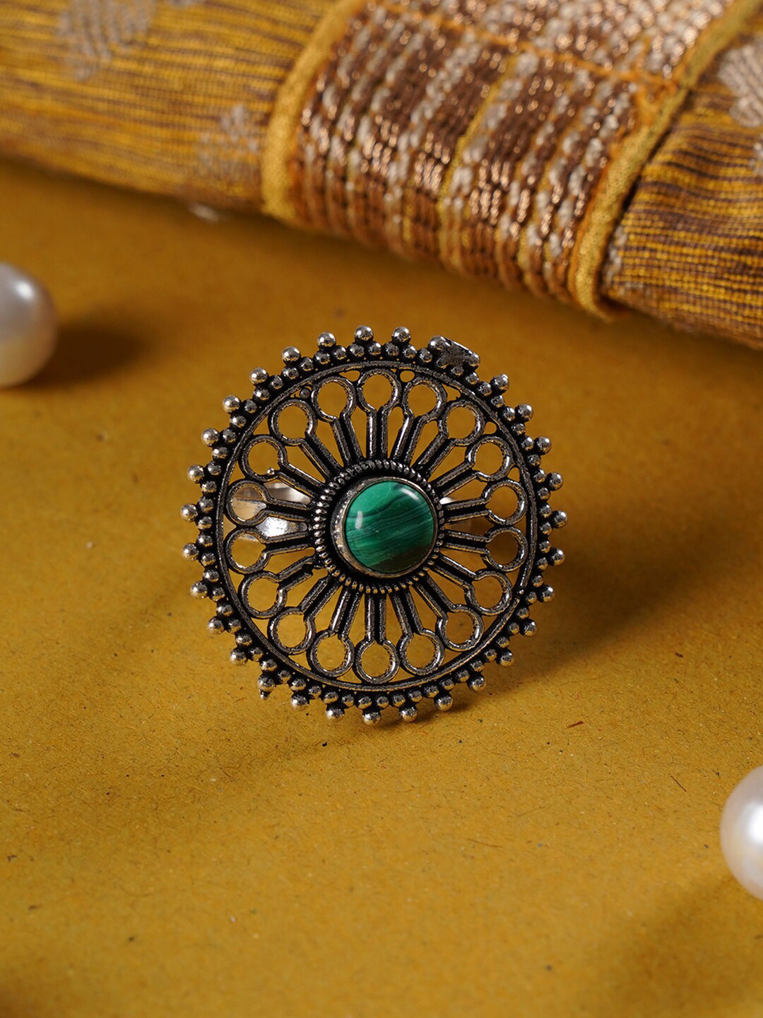 Shoshaa Women Silver-Plated Green Stone-Studded Oxidised Finger Ring