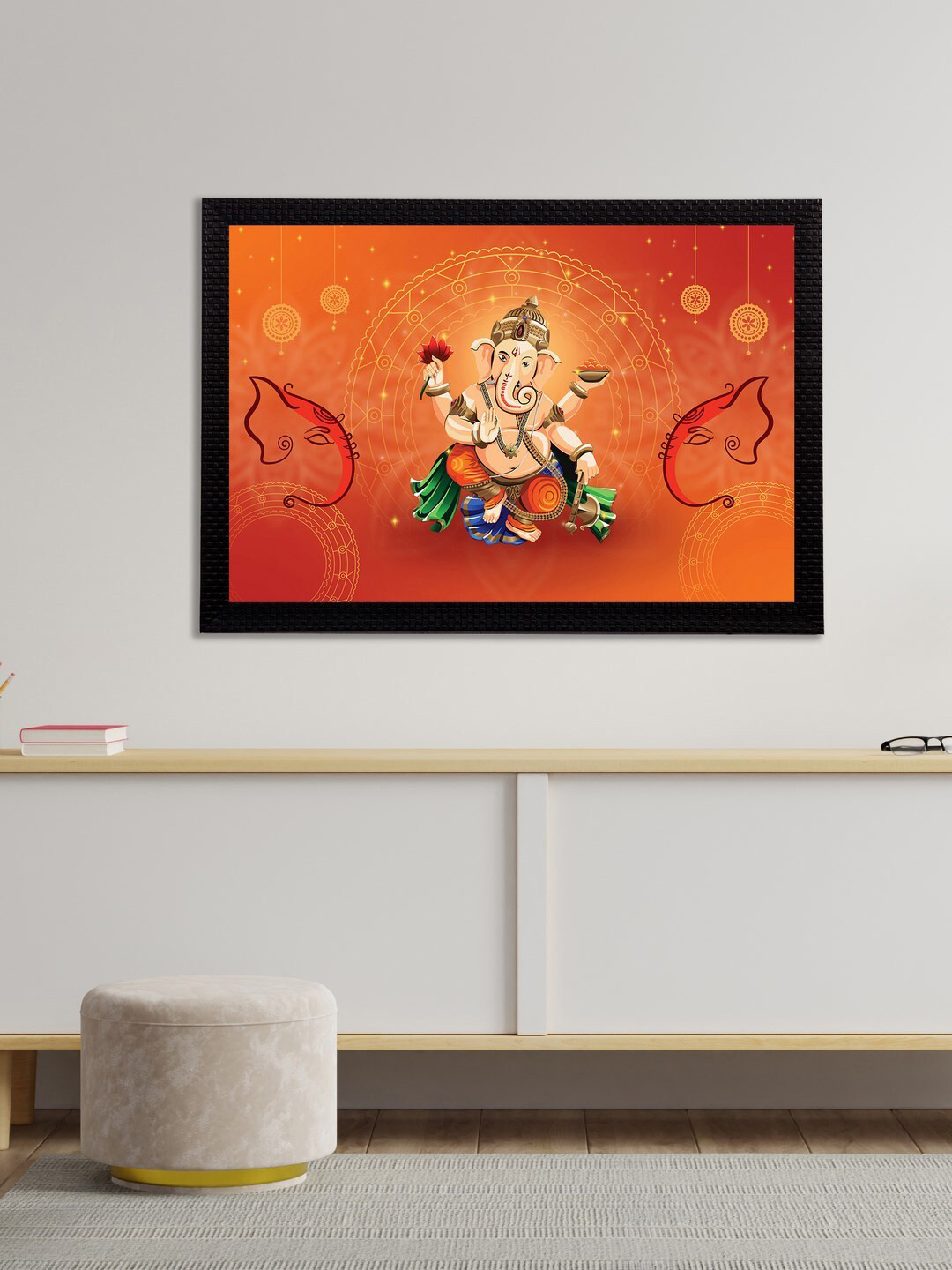 eCraftIndia Orange Lord Ganesha Satin Matt Texture Framed UV Wall Art Painting