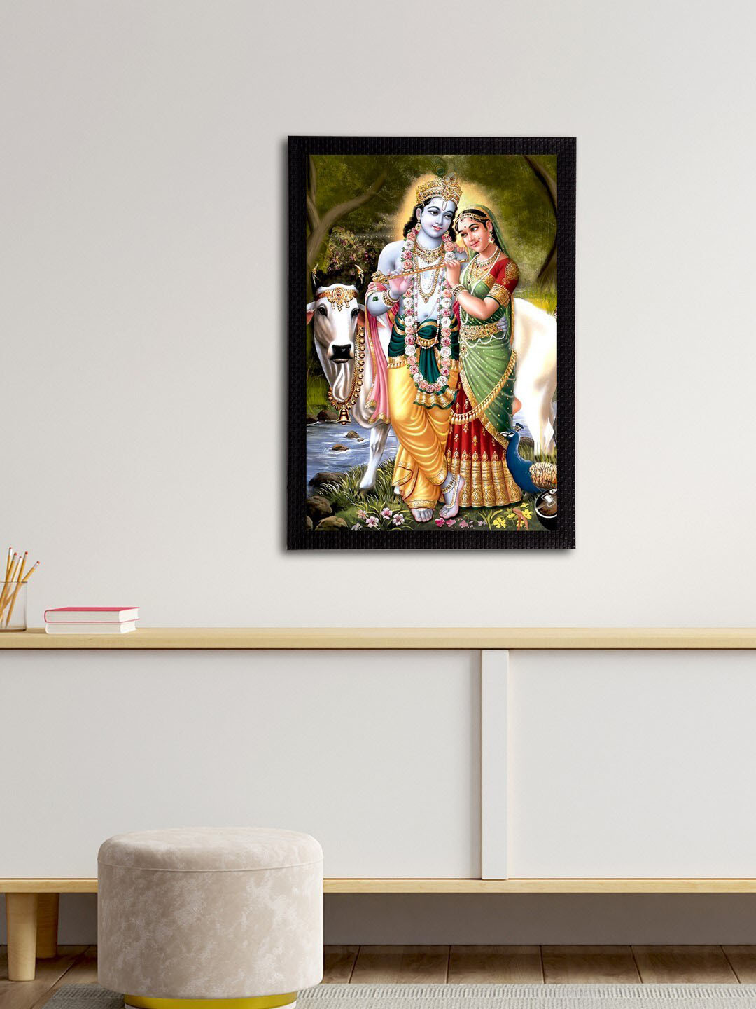 eCraftIndia Green & White Lord Krishna Satin Matt Texture UV Wall Art
