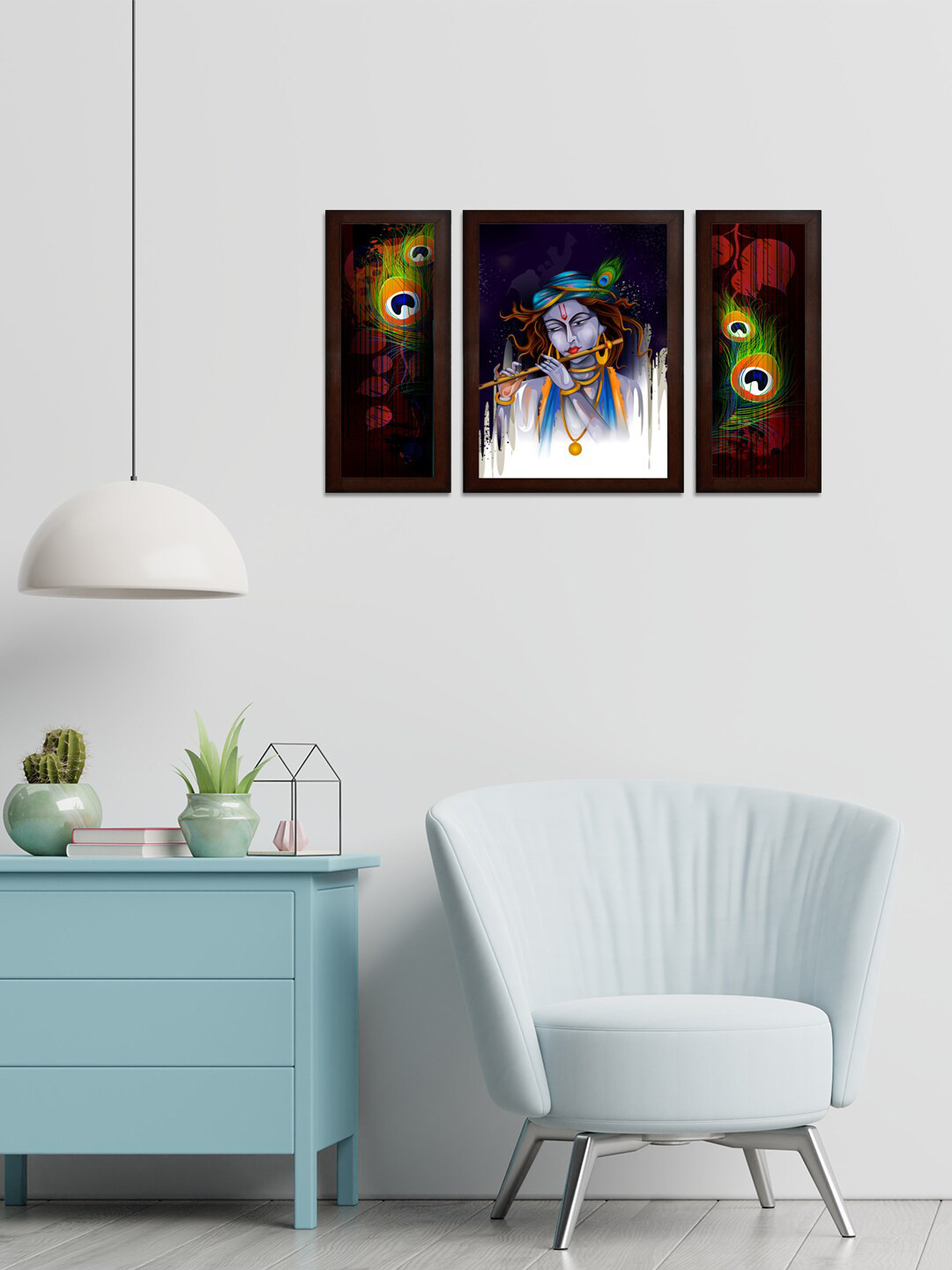 WENS Krishna Playing Flute MDF 3 Pcs Wall Rectangle Paintings Wall Art -13.5x24In