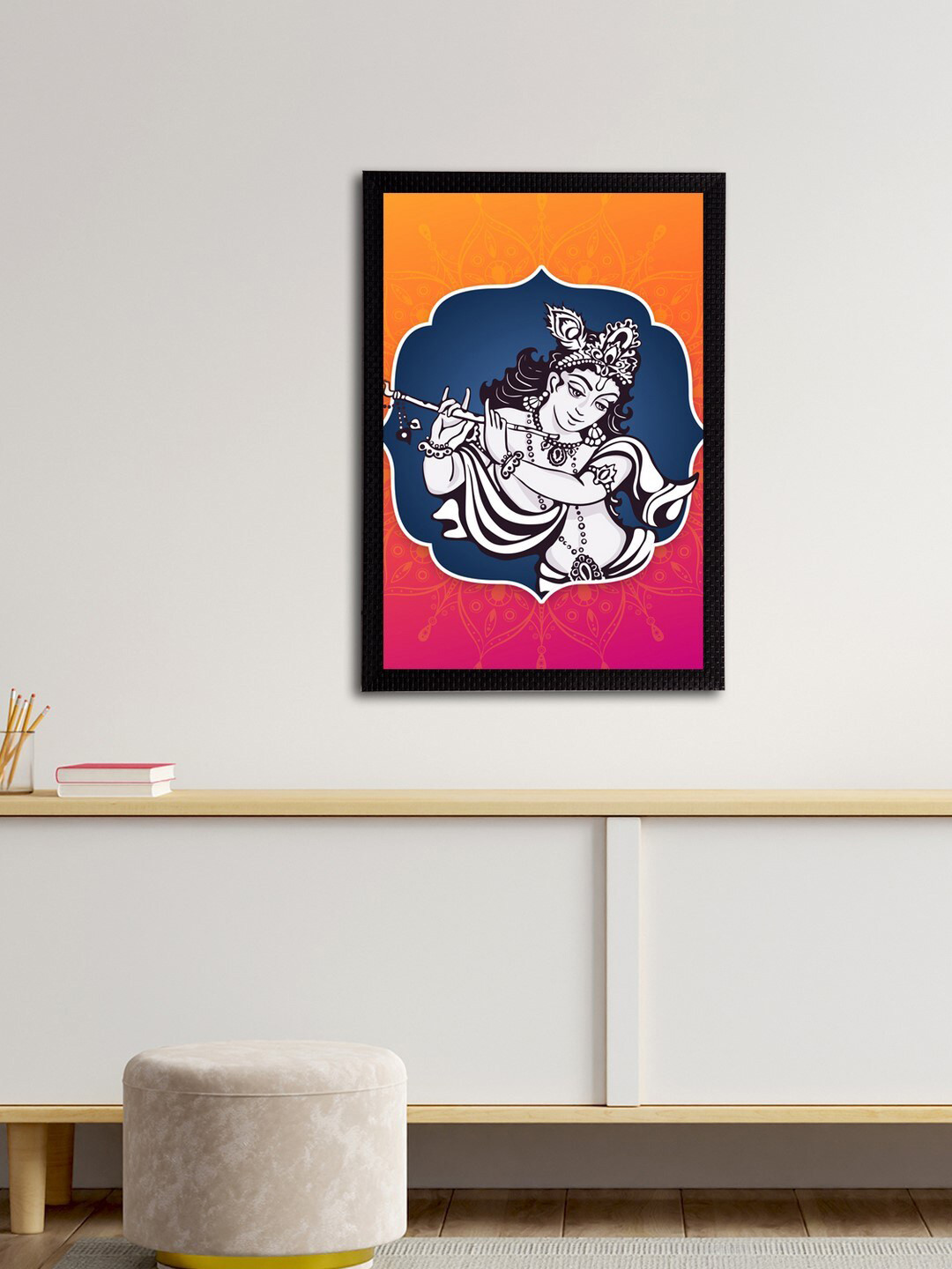 eCraftIndia Orange & Blue Lord Krishna Satin Matt Texture Framed UV Wall Art Painting
