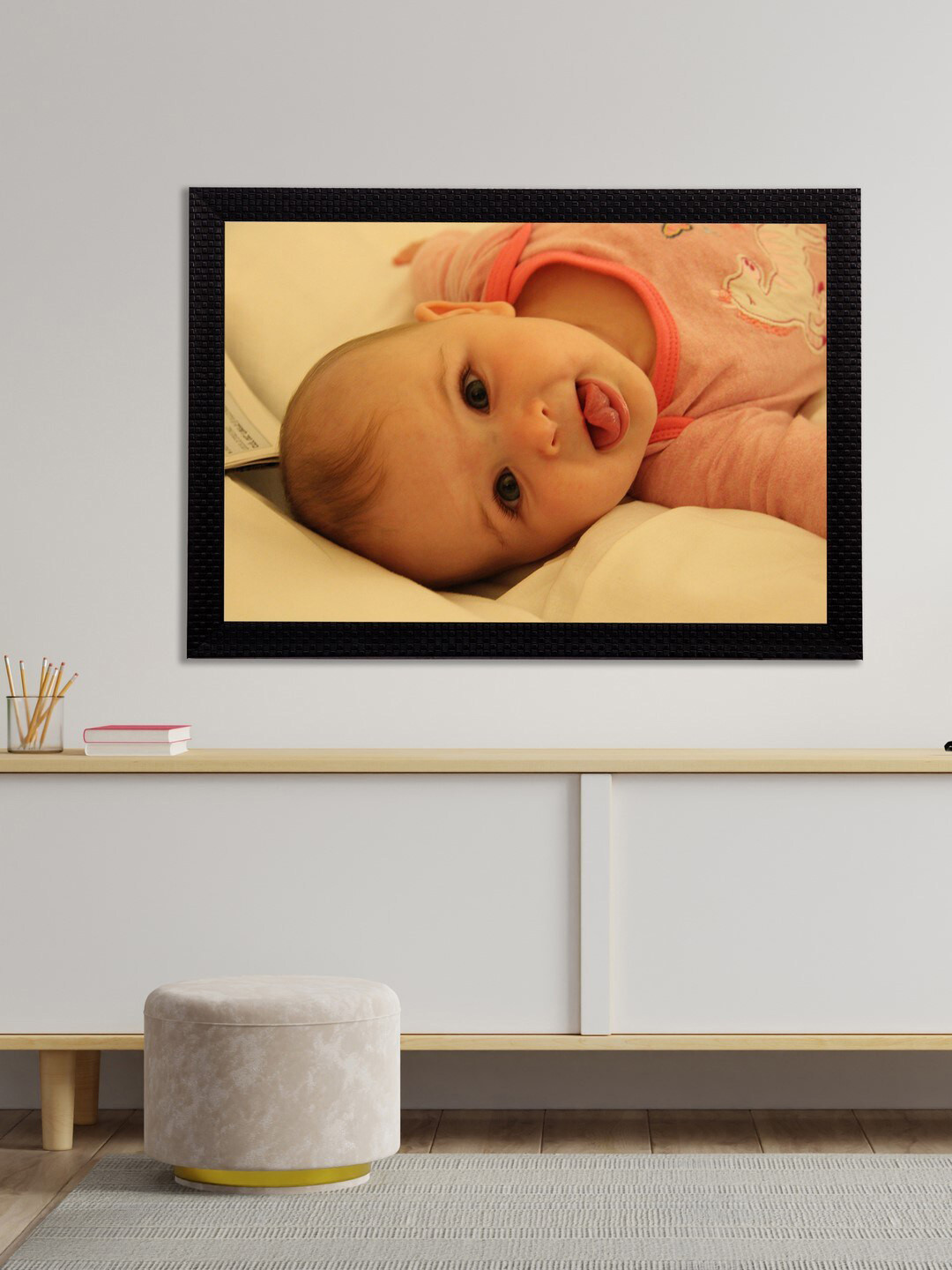 eCraftIndia Pink & Off-White Cute Baby Satin Matt Textured UV Wall Art