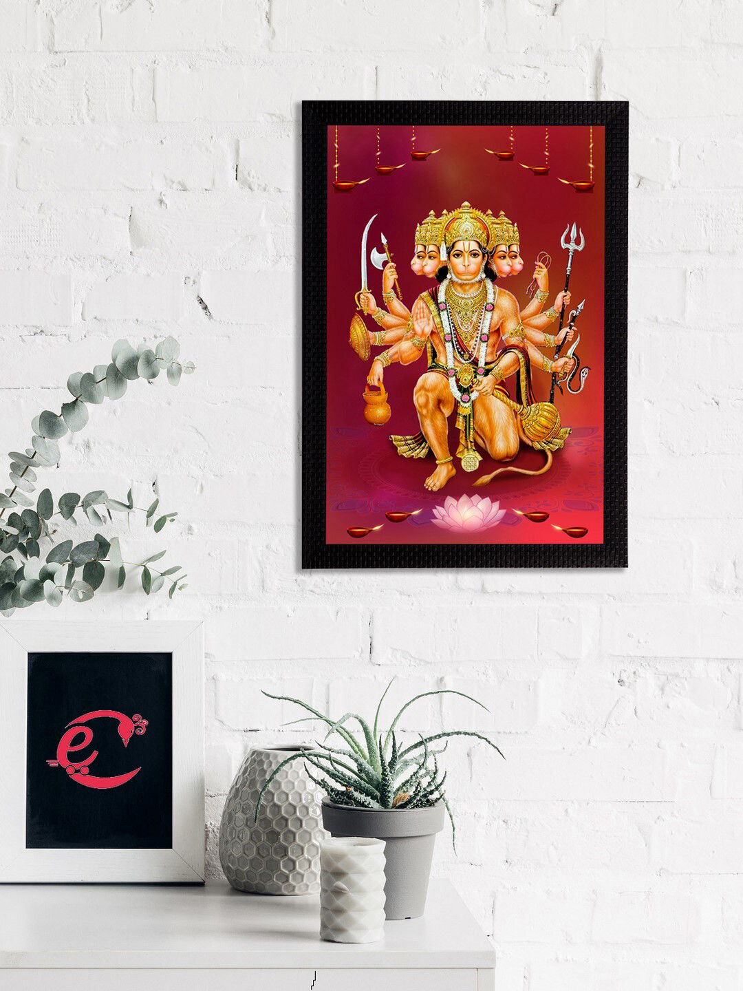 eCraftIndia Maroon & Gold-Coloured Panch Mukhi Lord Hanuman Satin Matt Textured UV Wall Art