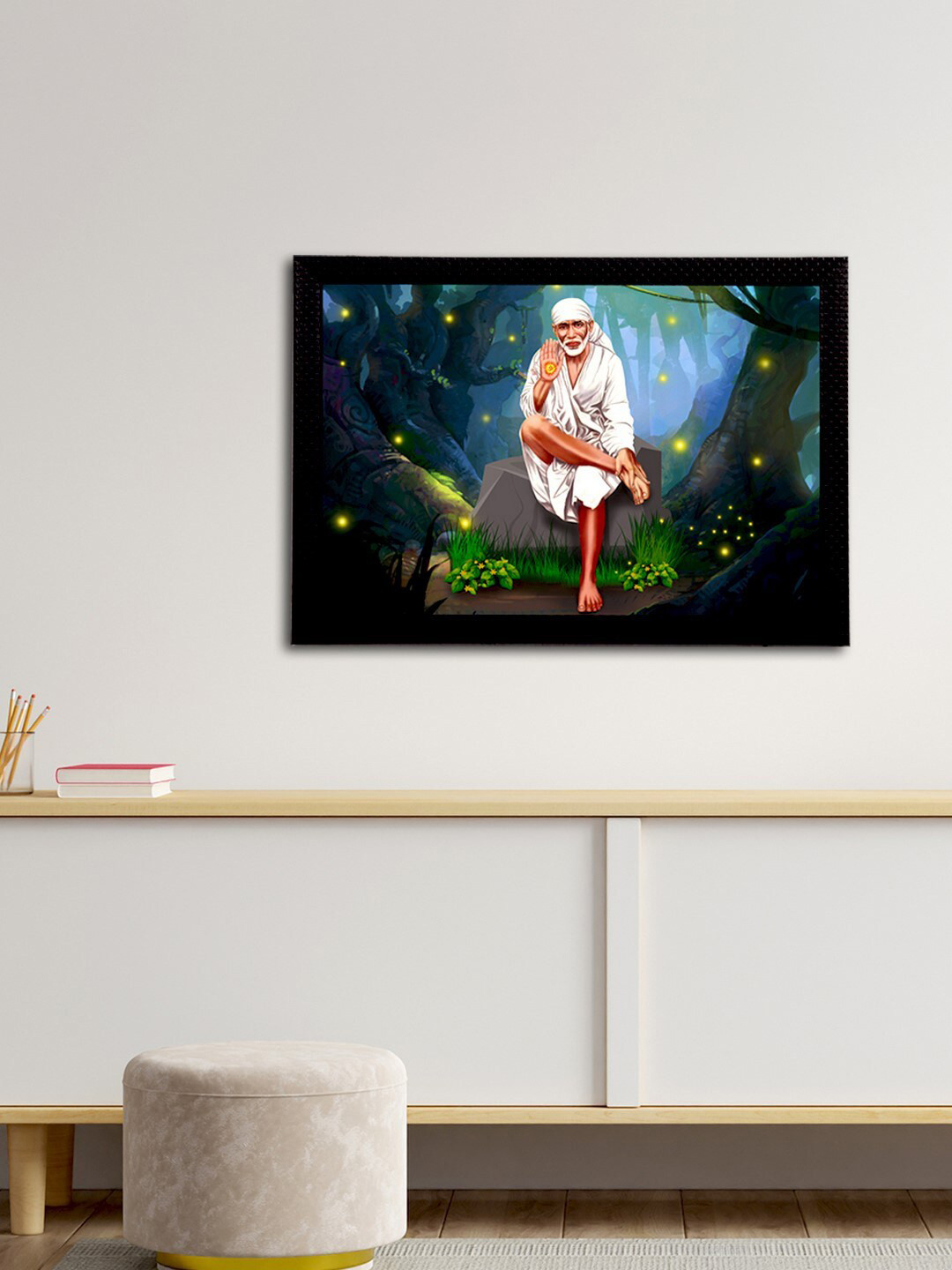 eCraftIndia Lord Sai Baba Synthetic Wood Home Office Paintings Wall Art -19.69 x 13.78In