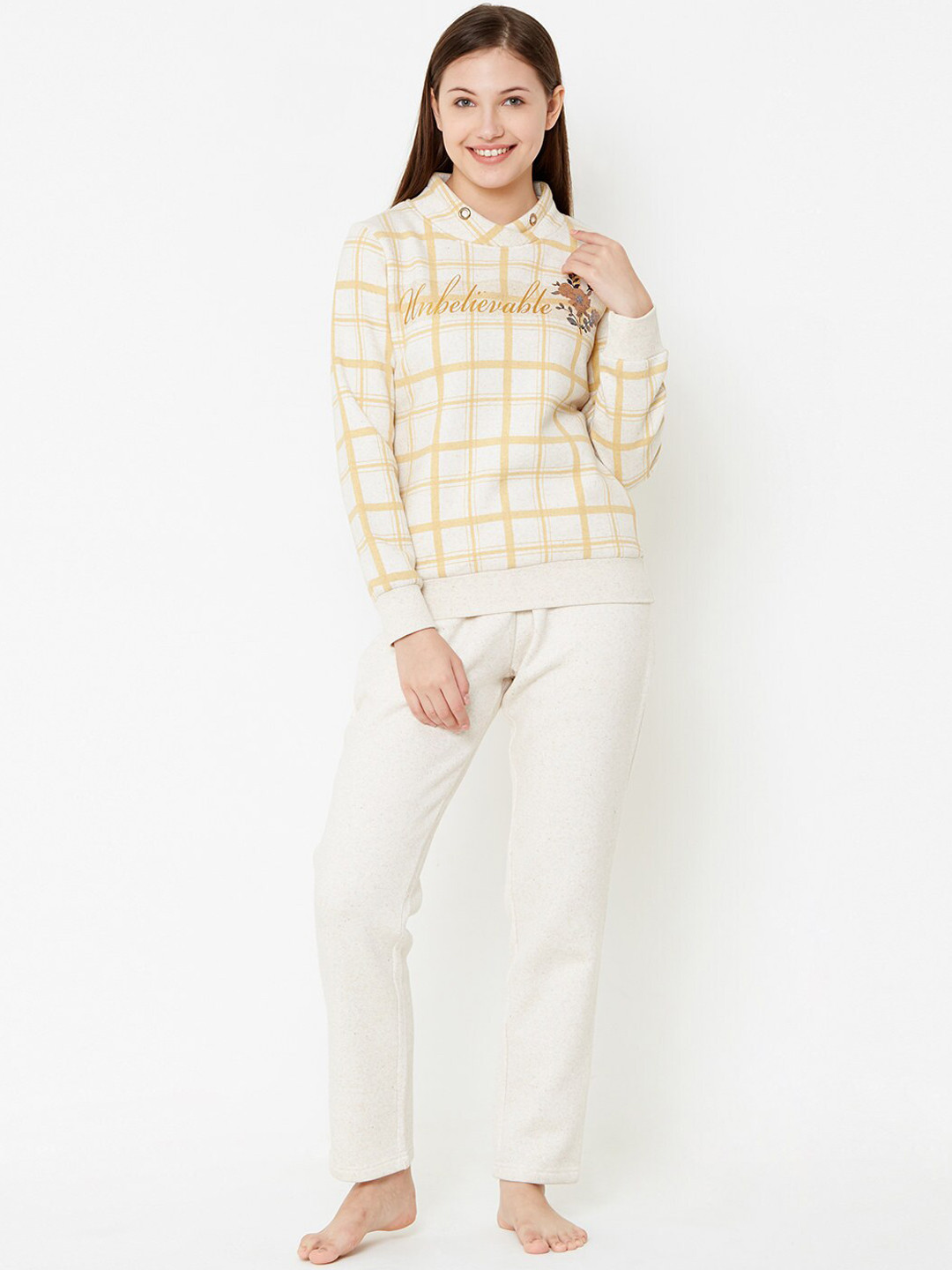 Sweet Dreams Women Yellow & Off-White Checked Night suit