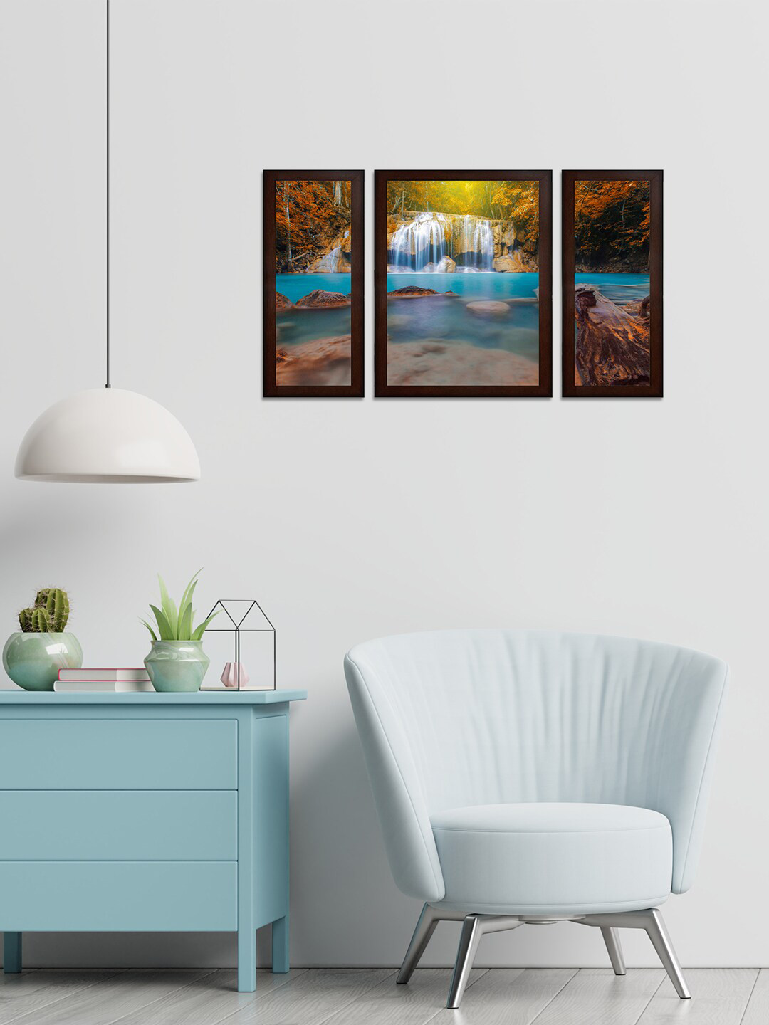 WENS Set Of 3 Blue & Orange Waterfall On A Mountain View MDF Wall Arts