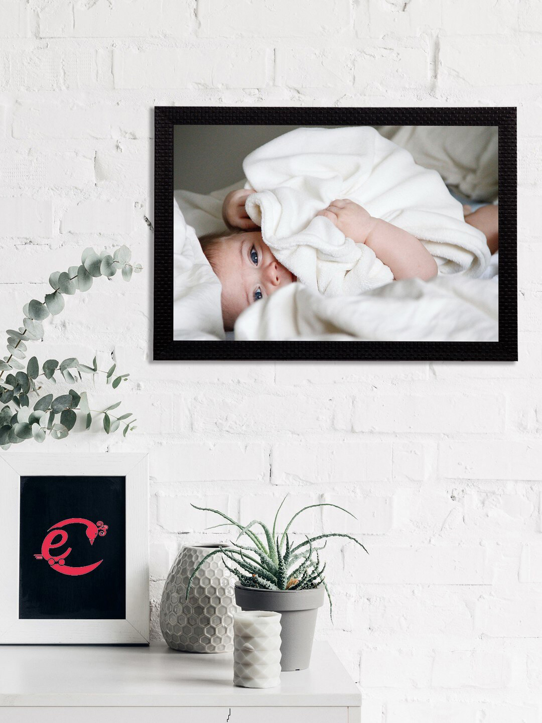 eCraftIndia White Cute Baby Satin Matt Textured Frame UV Wall Art