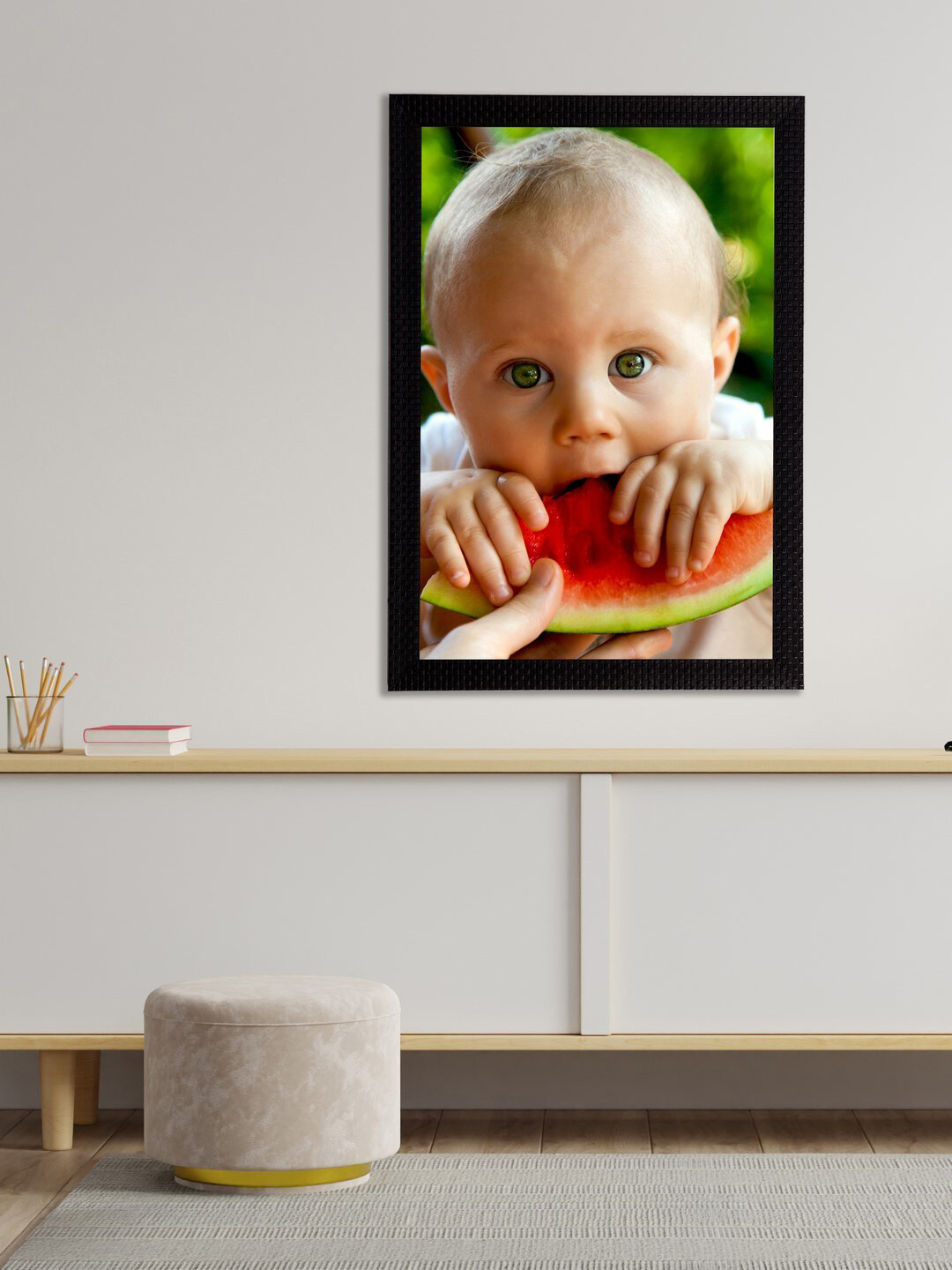 eCraftIndia Beige & Red Cute Baby Satin Matt Textured UV Wall Art