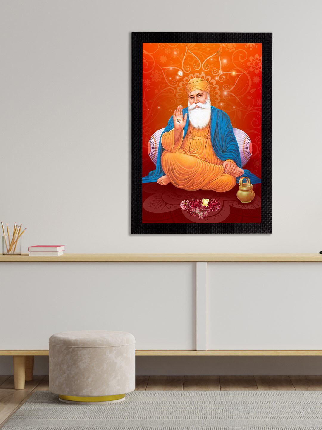 eCraftIndia Orange & Blue Guru Nanak Sahib Satin Matt Texture Framed UV Wall Art Painting