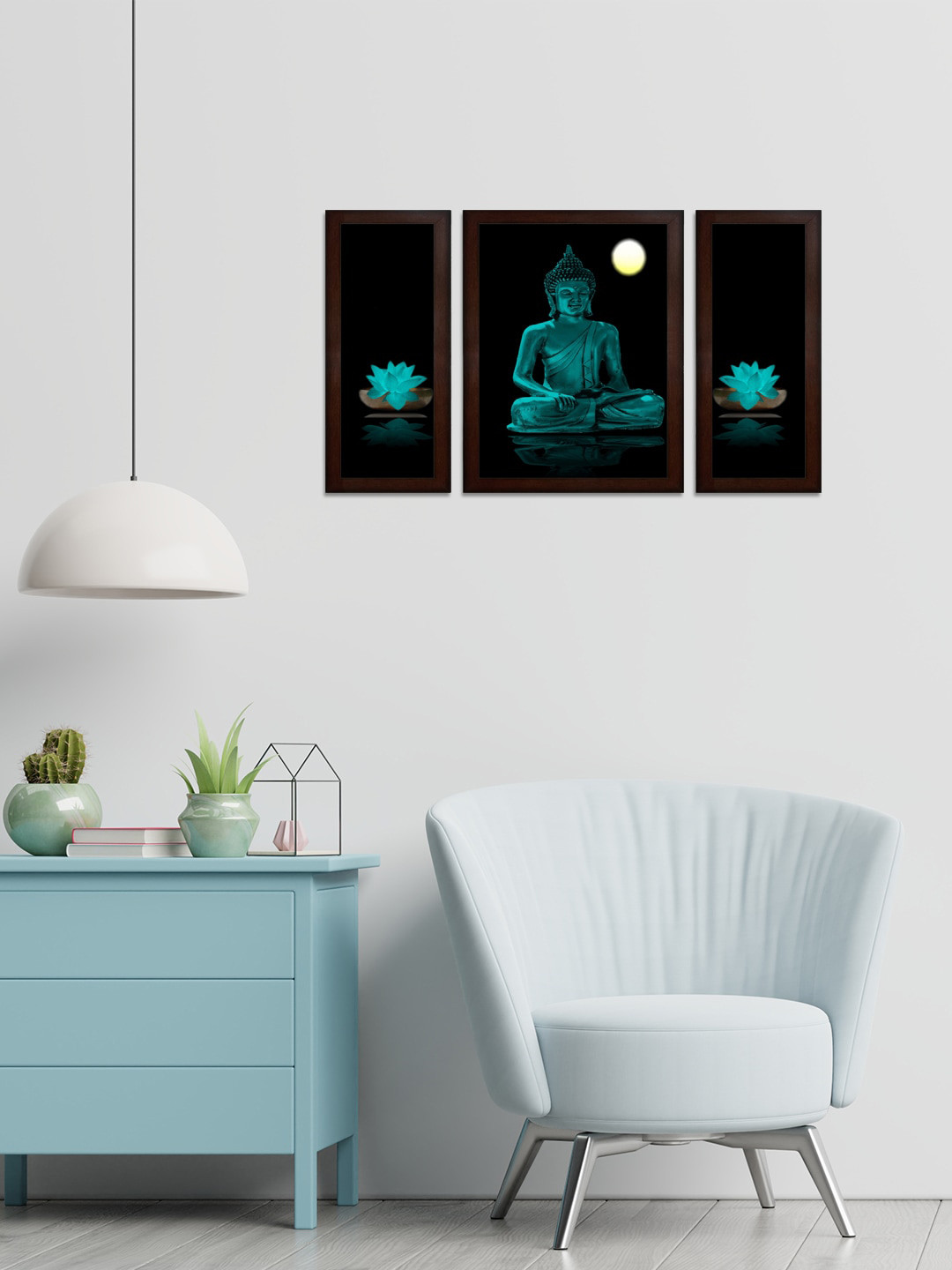 WENS Set Of 3 Black & Teal Blue Temple View In Night MDF Wall Paintings