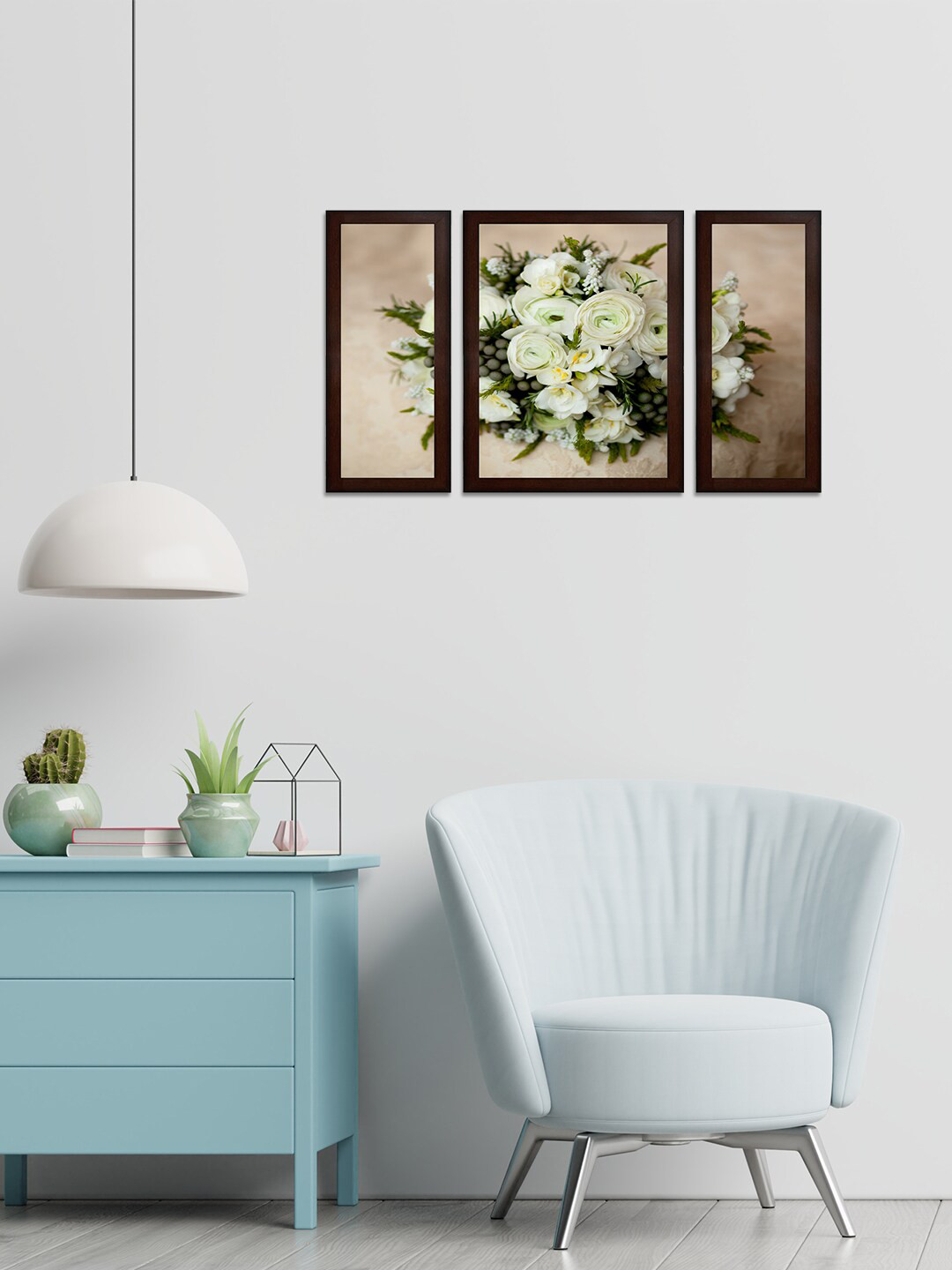 WENS Set Of 3 White & Green Flower Bouquet Painted Wall Art