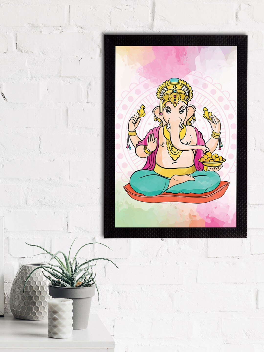 eCraftIndia Cream & Pink Lord Ganesha Satin Matt Textured UV Wall Art