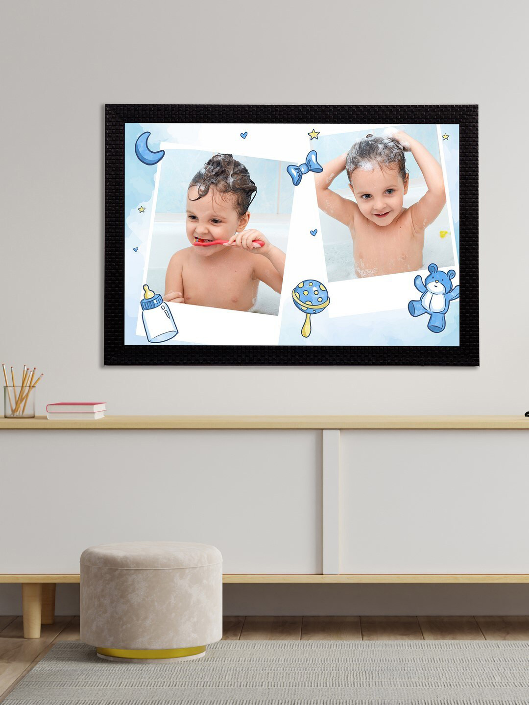 eCraftIndia Cream-coloured & Blue Cute Baby Satin Matt Texture Framed UV Wall Art Painting