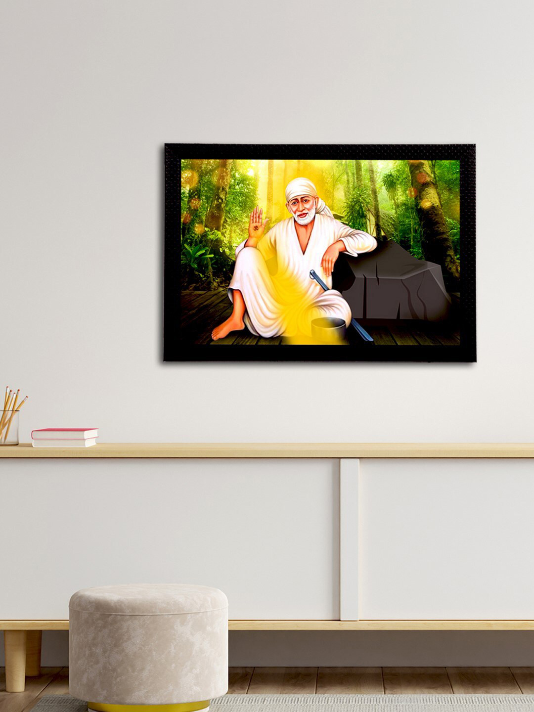 eCraftIndia Green & White Sai Baba Satin Matt Textured UV Wall Painting