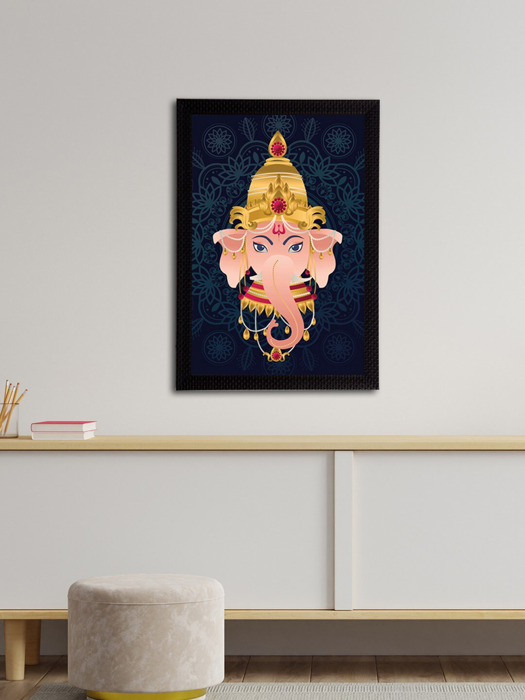 eCraftIndia Navy Blue & Cream Lord Ganesha Satin Matt Textured UV Wall Art
