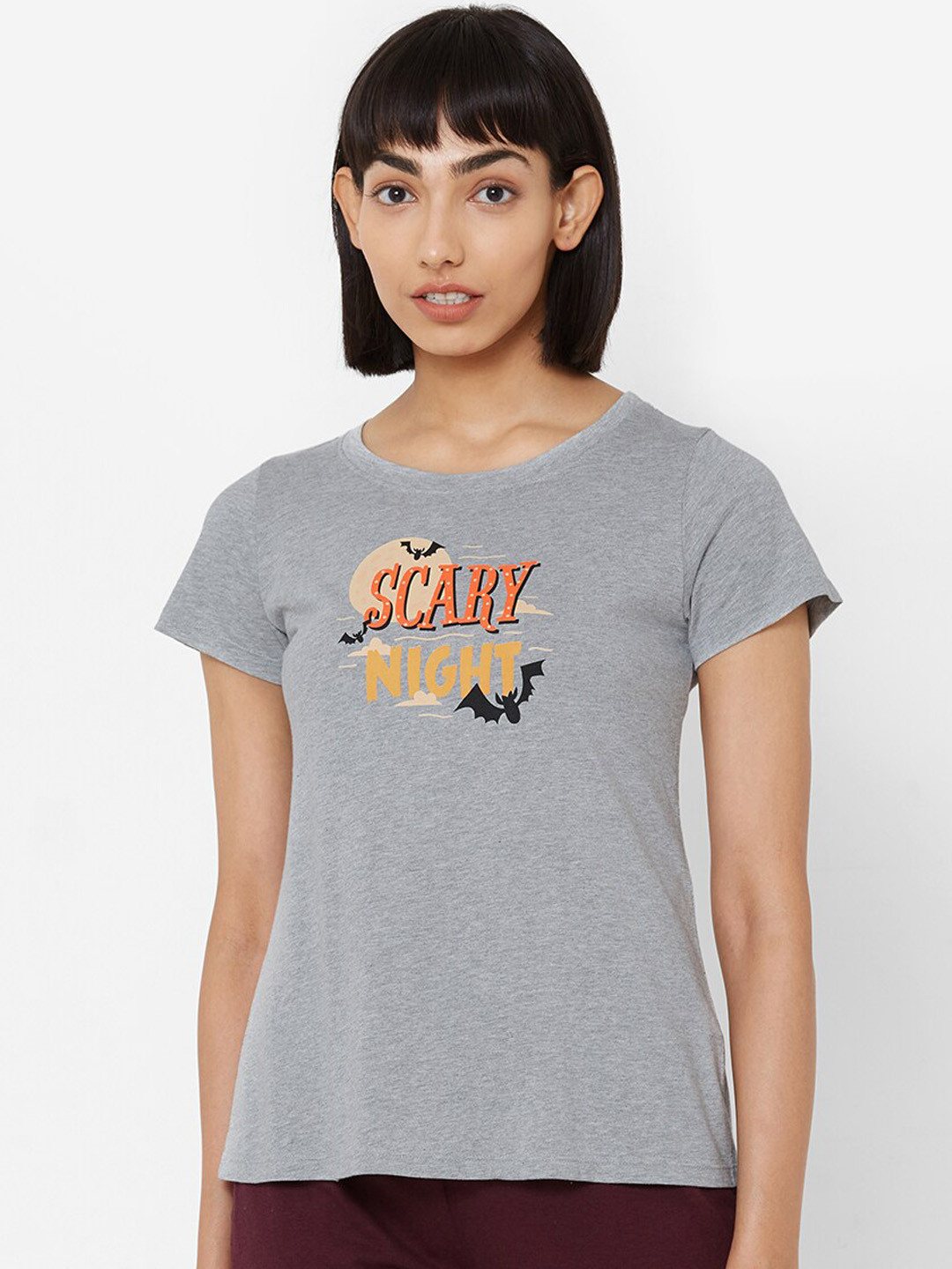 Soie Women Grey Melange & Yellow Printed Lounge T-shirt