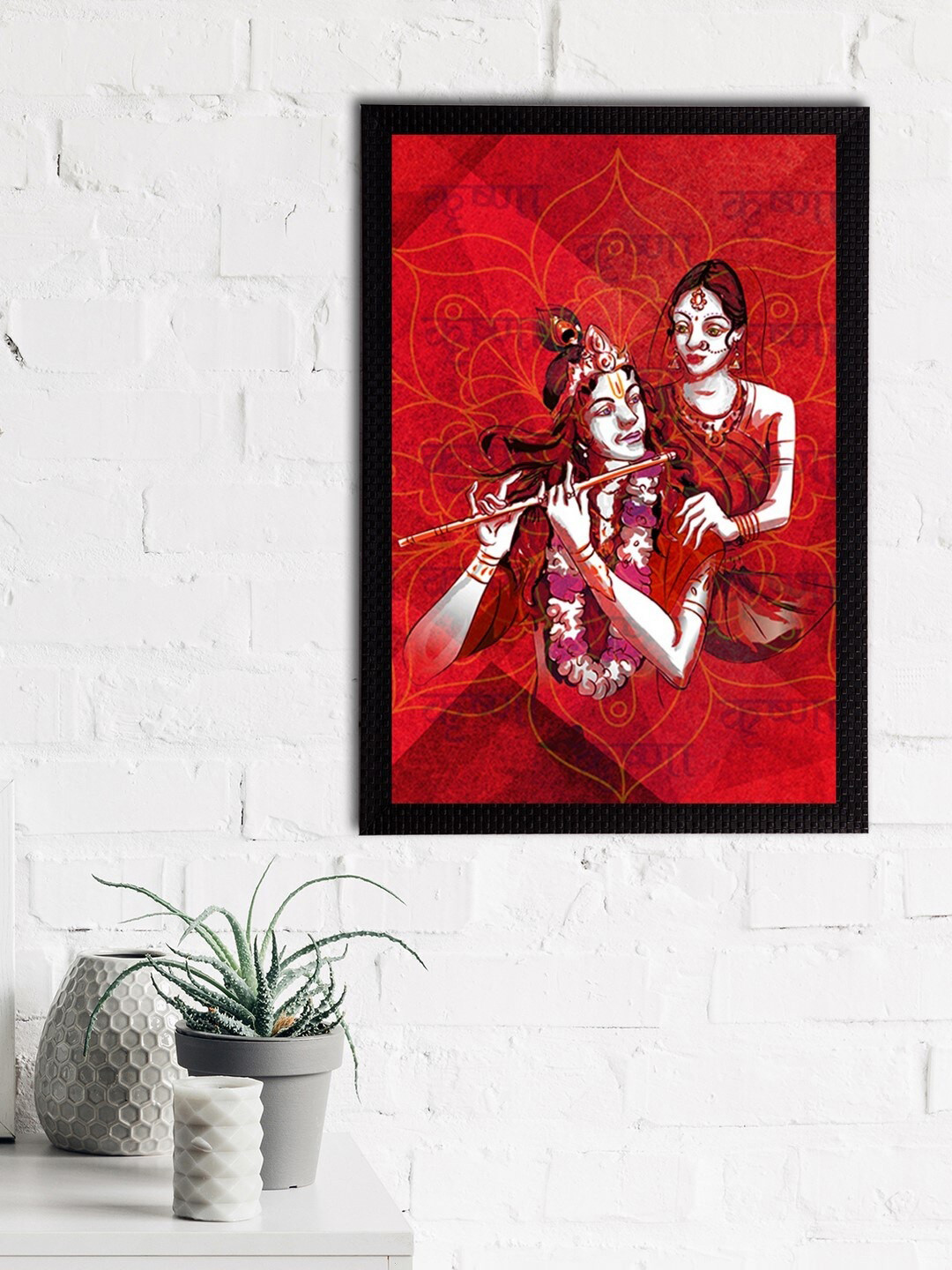 eCraftIndia Red Lord Krishna Satin Matt Texture Framed UV Wall Art Painting