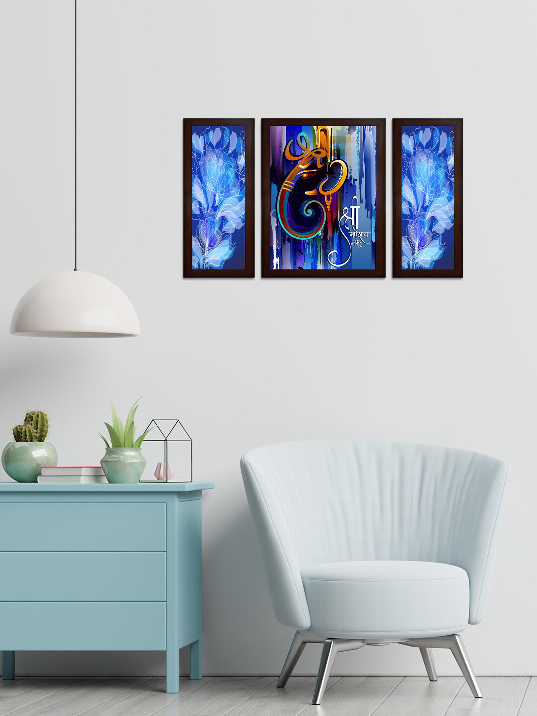 WENS Set of 3 Blue & Brown Lord Ganesha MDF Wall Paintings