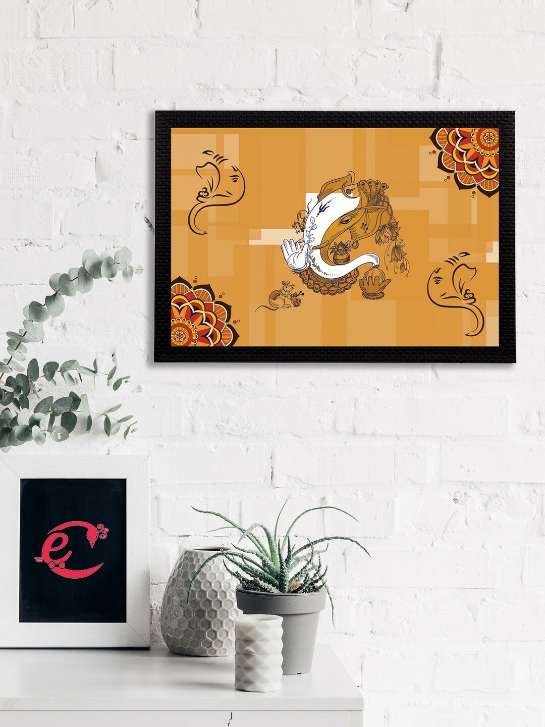 eCraftIndia Mustard Orange & White Lord Ganesha Satin Matt Textured UV Wall Art