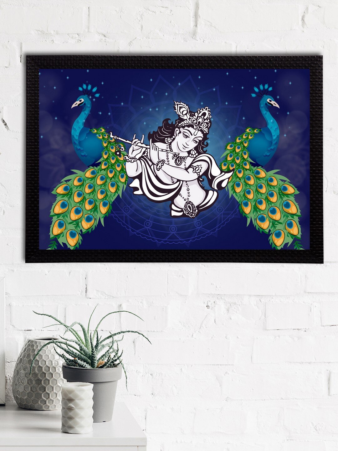eCraftIndia Blue & Green Lord Krishna Satin Matt Texture Framed UV Wall Art Painting