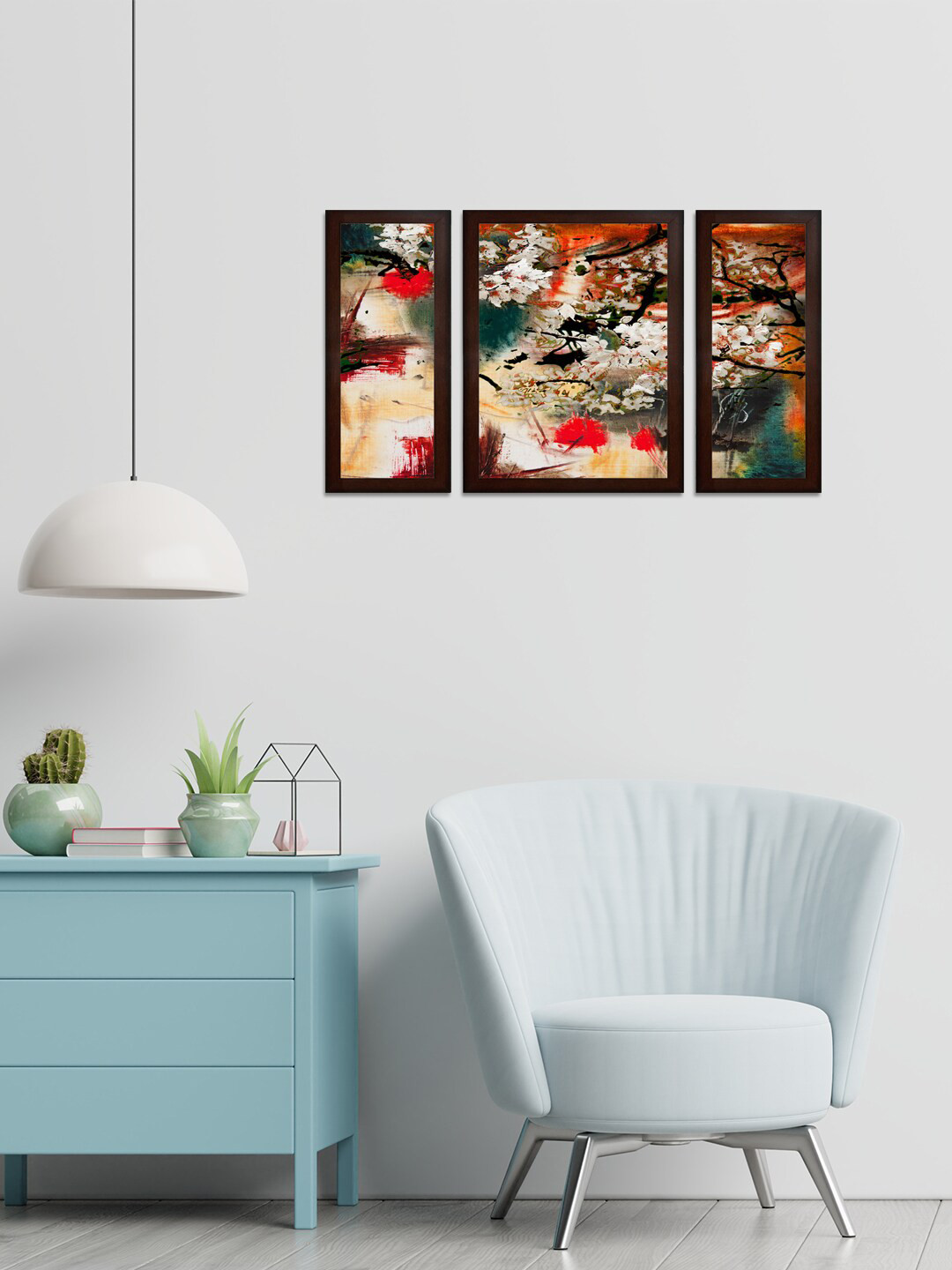 WENS Set Of 3 White & Red Abstract MDF Wall Paintings