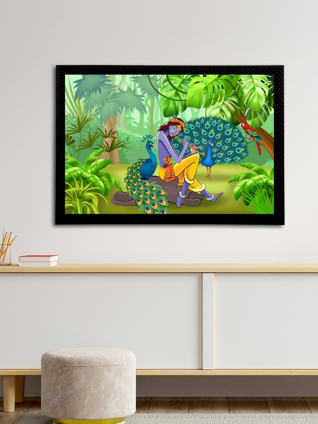 eCraftIndia Green & Blue Lord Krishna Satin Matt Textured UV Wall Art