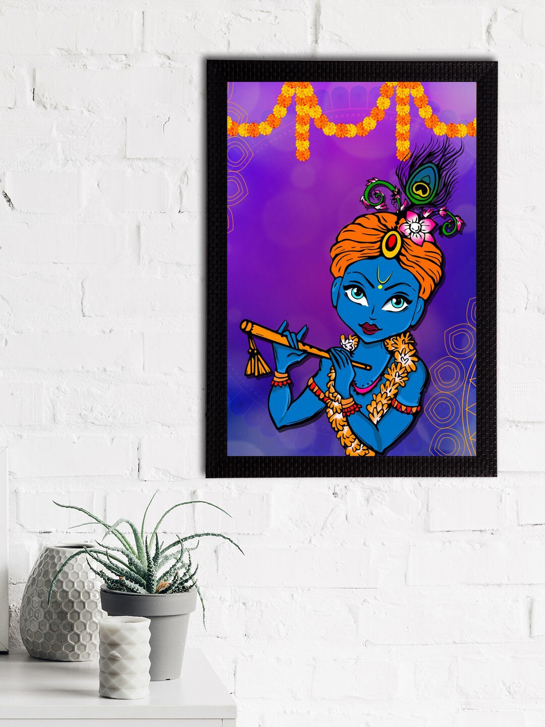 eCraftIndia Blue & Orange Lord Krishna Satin Matt Texture UV Wall Art