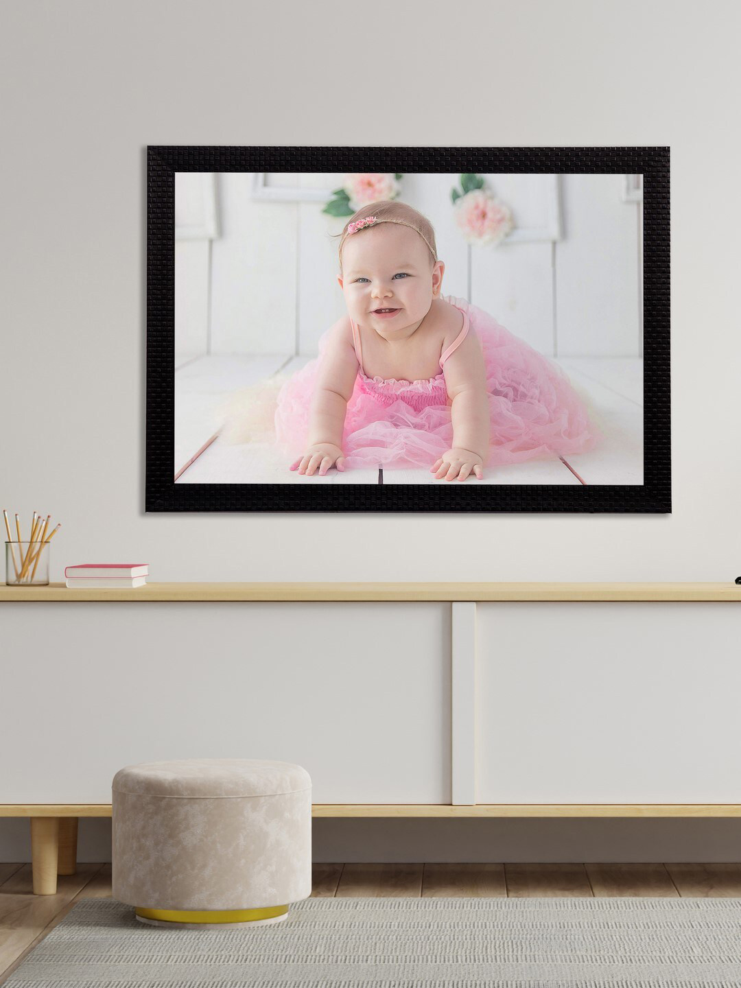 eCraftIndia White & Pink Cute Baby Satin Matt Texture Framed UV Wall Art Painting