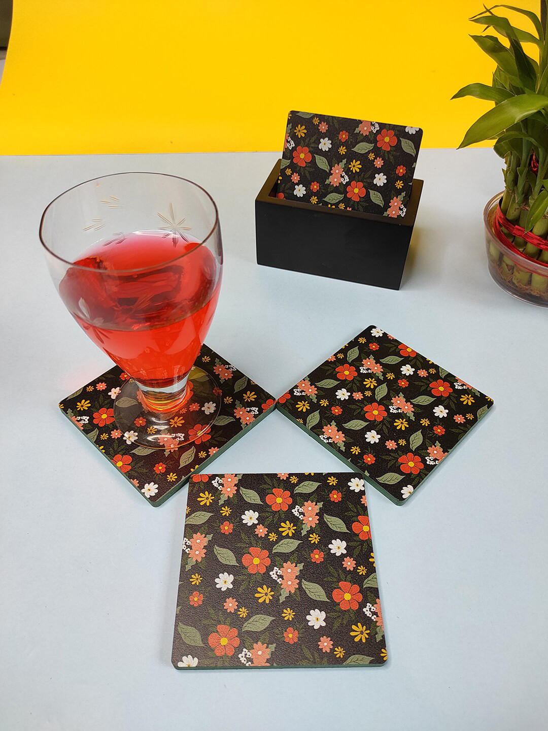 CRAYTON Set of 6 Black Floral Design Wooden Coasters