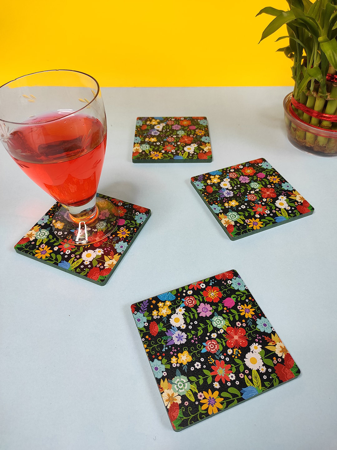 CRAYTON Set Of 4 Black & Red Floral Print Square Wooden Coasters