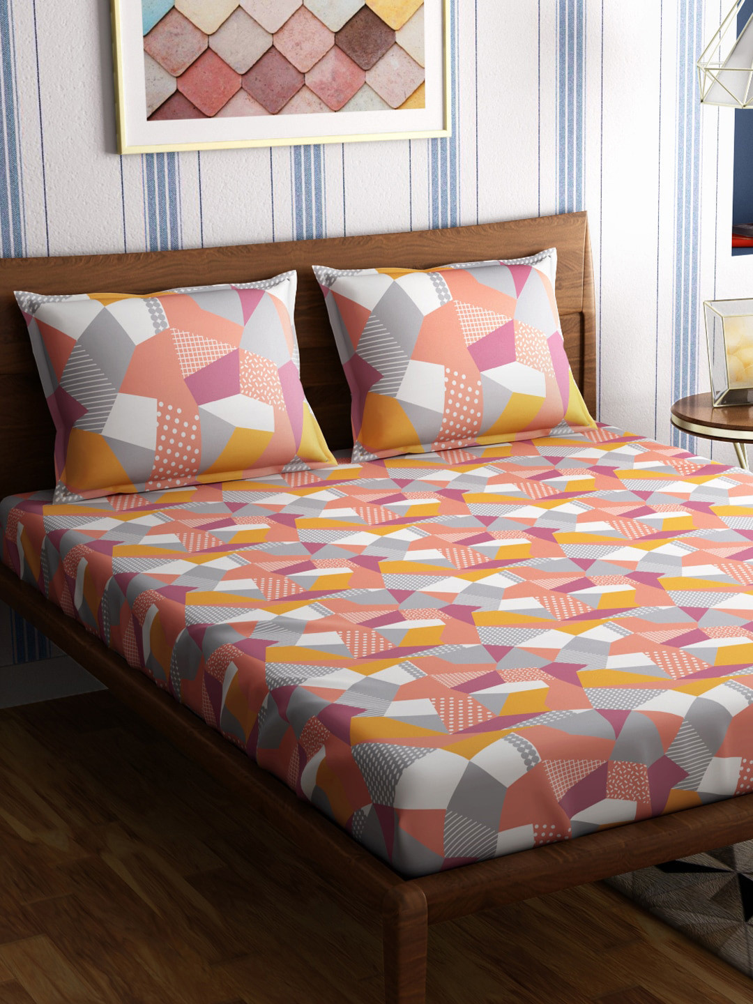 PETAL HOME Origami Multicoloured Geometric Cotton Breathable 300 TC Queen Fine Bedsheet with 2 Pillow Covers-90 x 108 inches