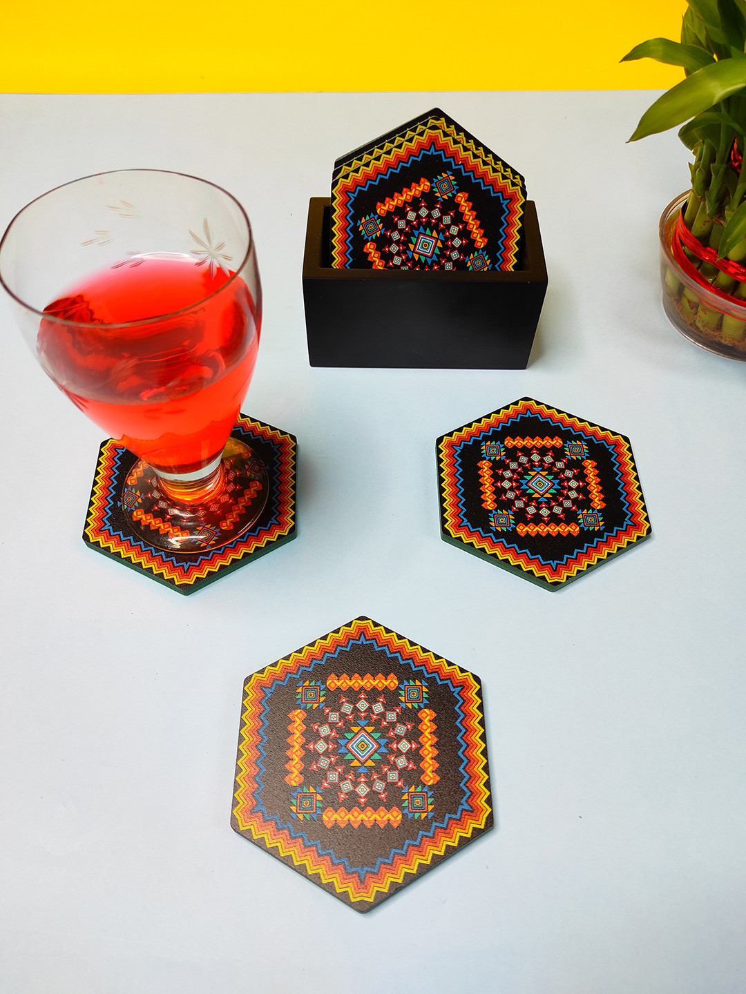 CRAYTON Set Of 6 Black & Orange Geometric Print Hexagon Wooden Coasters With Holder