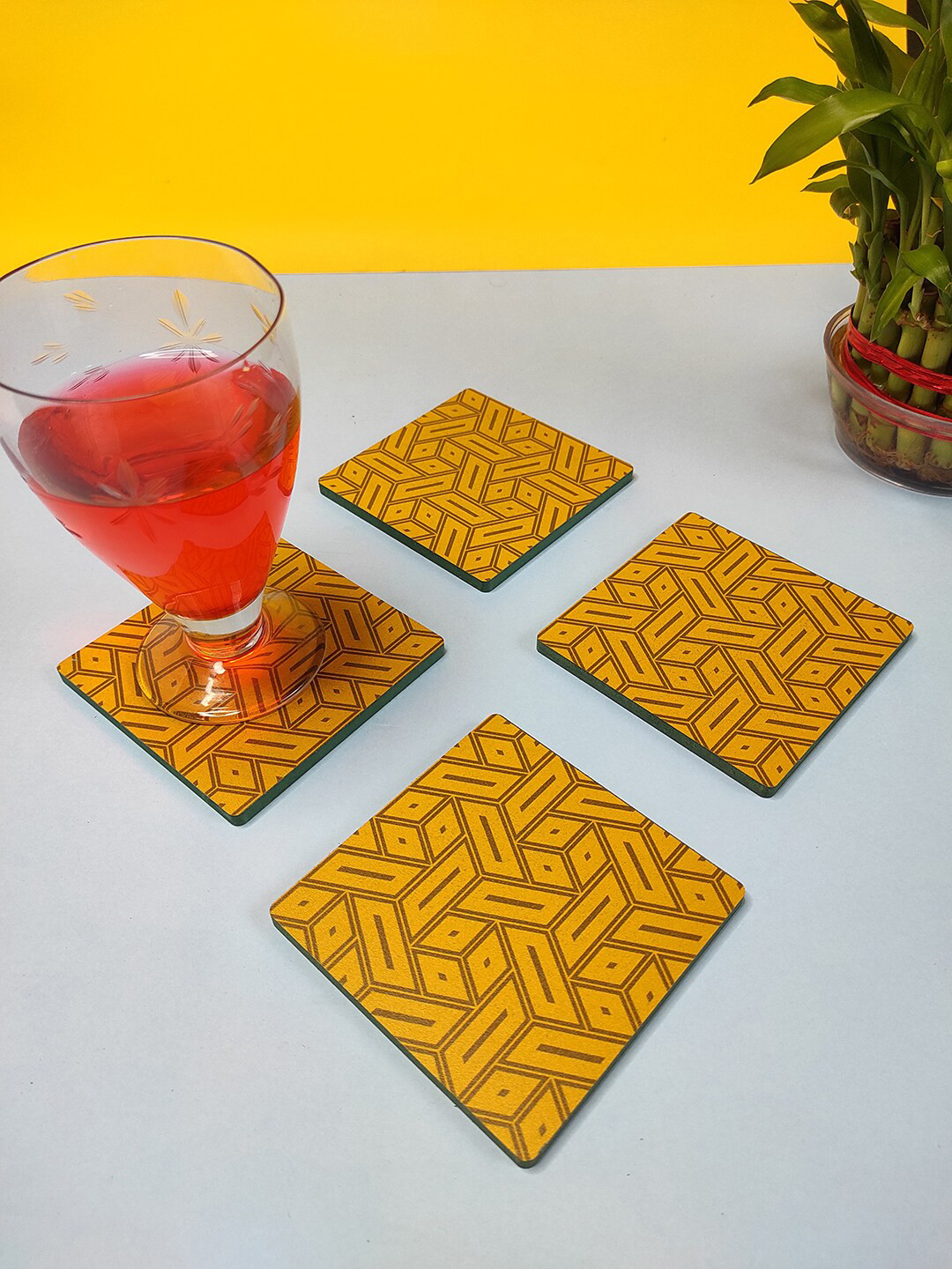 CRAYTON Set Of 4 Yellow & Black Abstract Print Square Wooden Coasters
