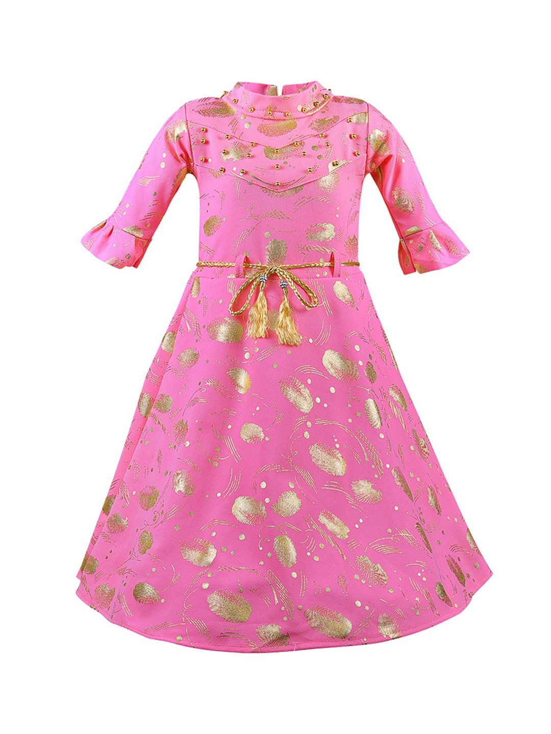 Wish Karo Girls Pink & Gold Embellished Fit and Flare Dress