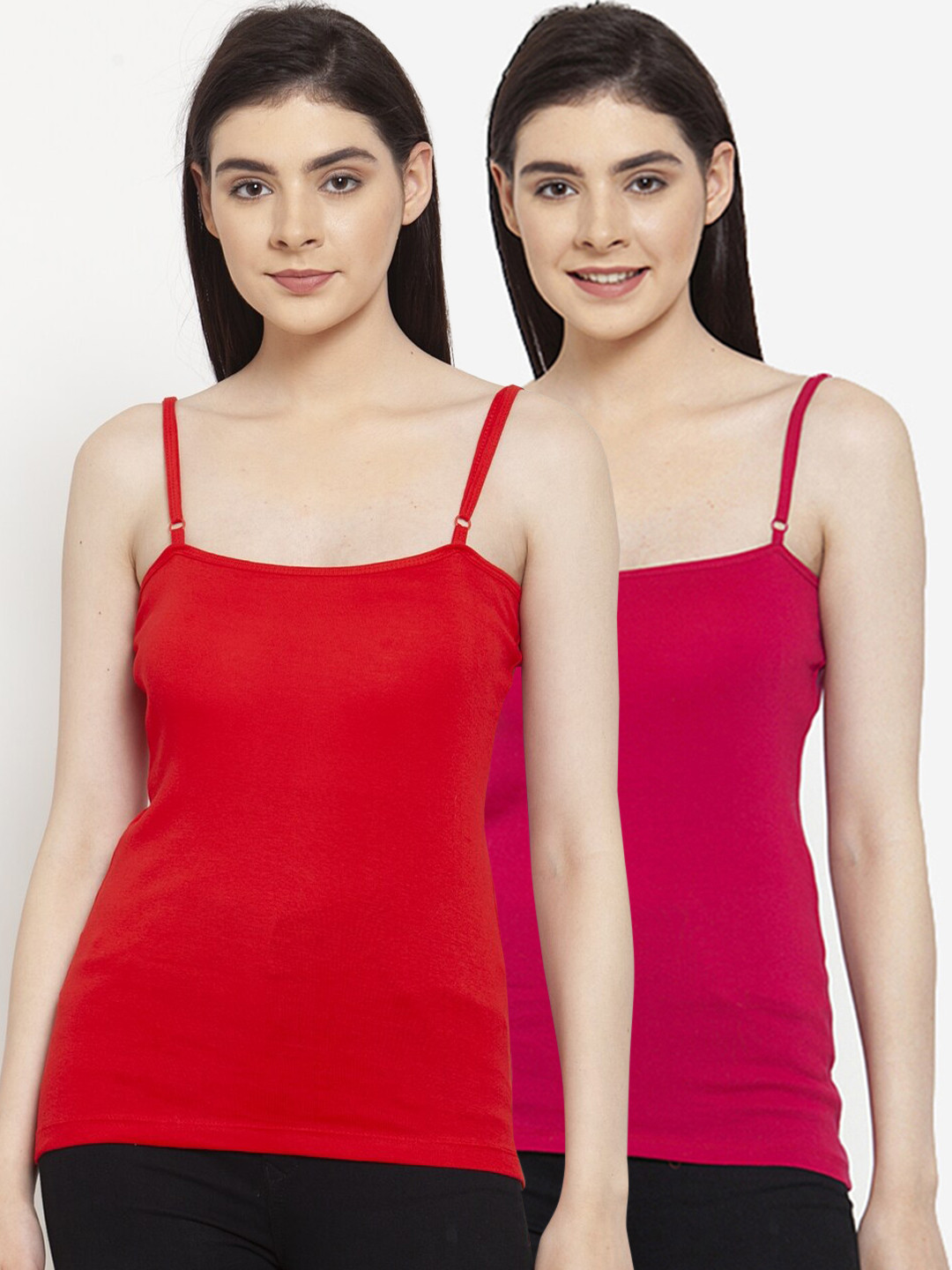 Friskers Women Pack Of 2 Pink & Red Solid Camisoles