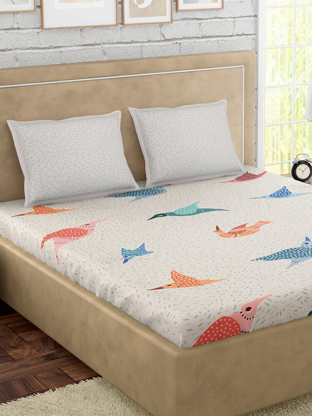 PETAL HOME Gondi Bird White Conversational Pure Cotton Skin-Friendly 300 TC Queen Superfine Bedsheet with 2 Pillow Covers-90 x 108 inches