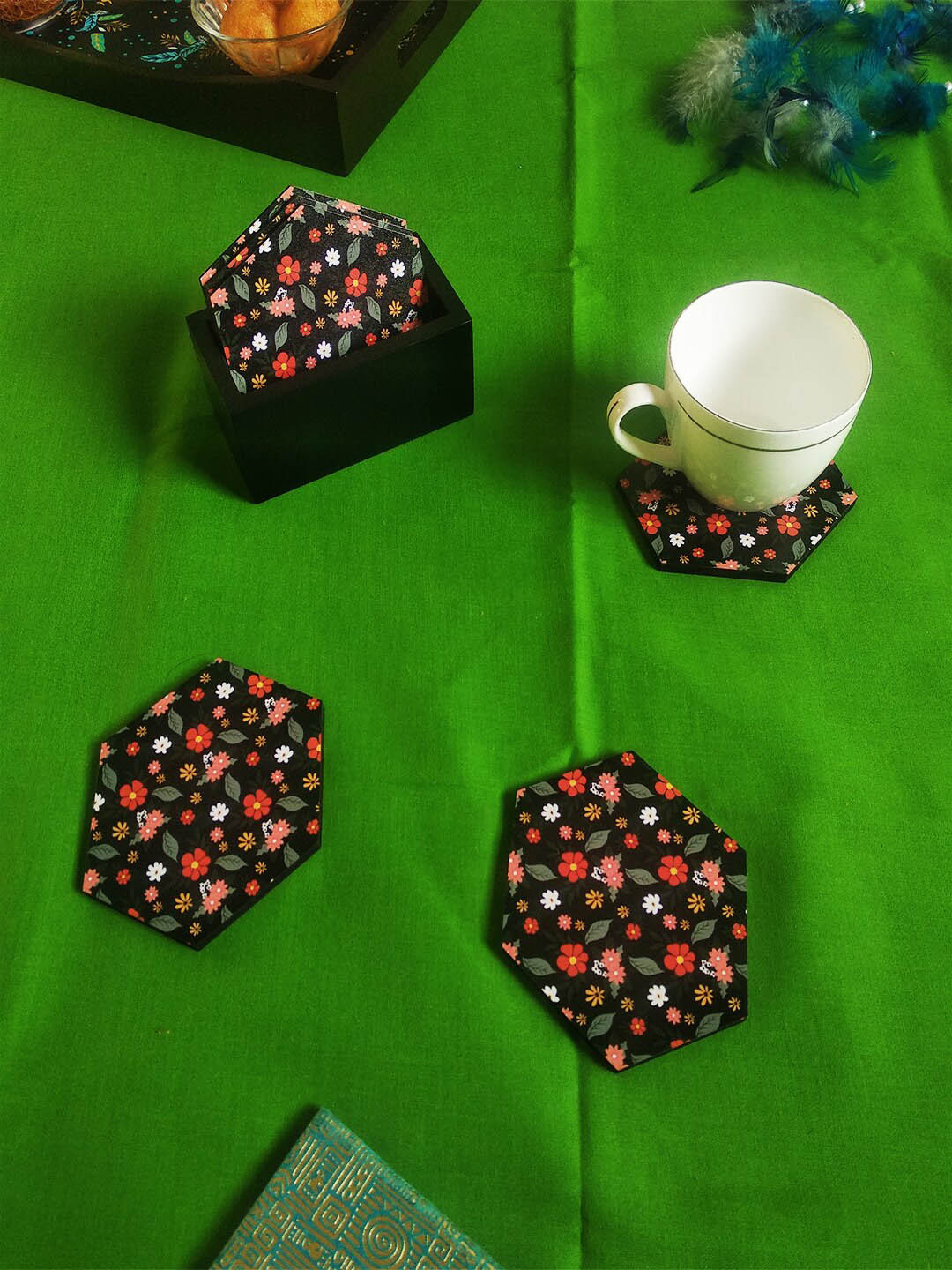 CRAYTON Set Of 6 Black & Red Floral Print Hexagon MDF Coasters With Holder