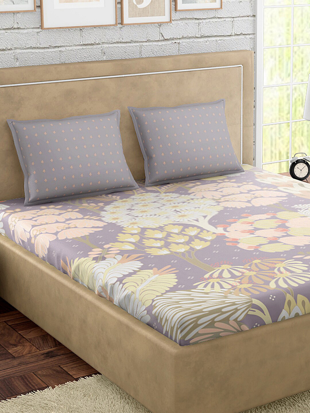 PETAL HOME Grey Floral Cotton 300 TC Queen Superfine Bedsheet with 2 Pillow Covers-90 x 108 inches