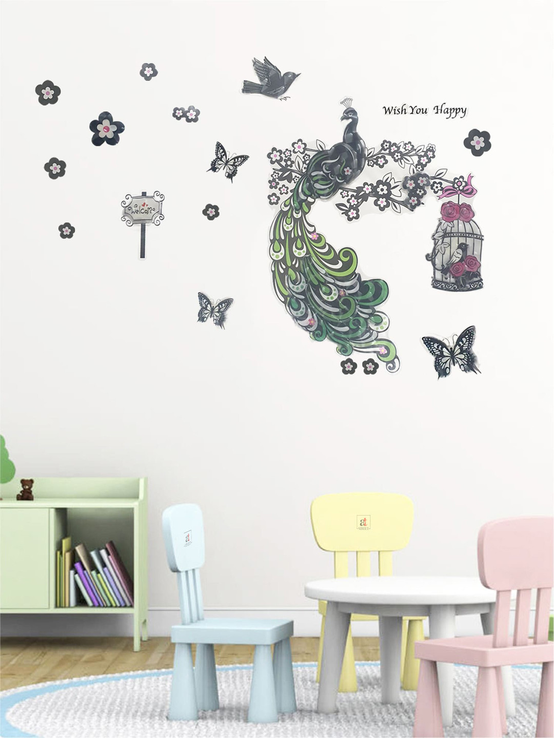 Art Street Set Of 18 Black & Green Peacock 3D Wall Decal Stickers