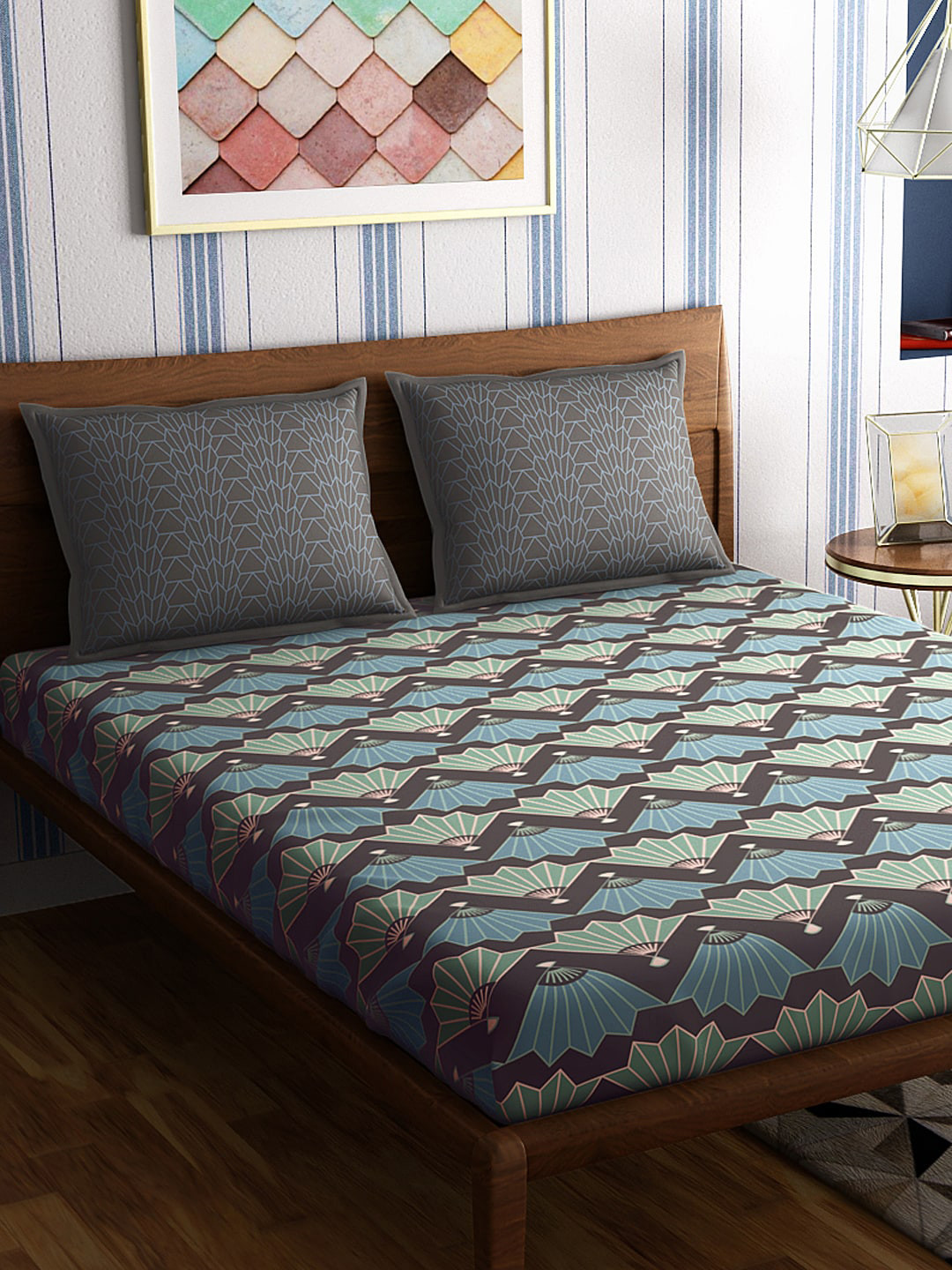 PETAL HOME Grey Graphic Cotton Skin-Friendly 300 TC Queen Fine Bedsheet with 2 Pillow Covers-90 x 108 inches