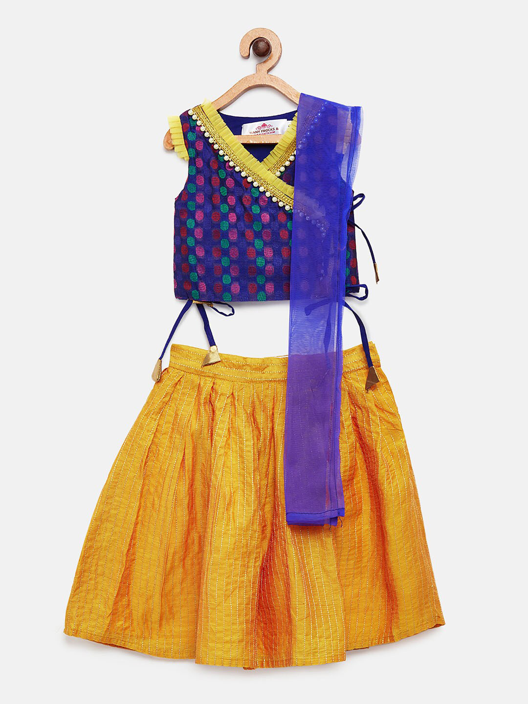 MANY FROCKS & Girls Blue & Mustard Yellow Printed Top with Skirt & Dupatta